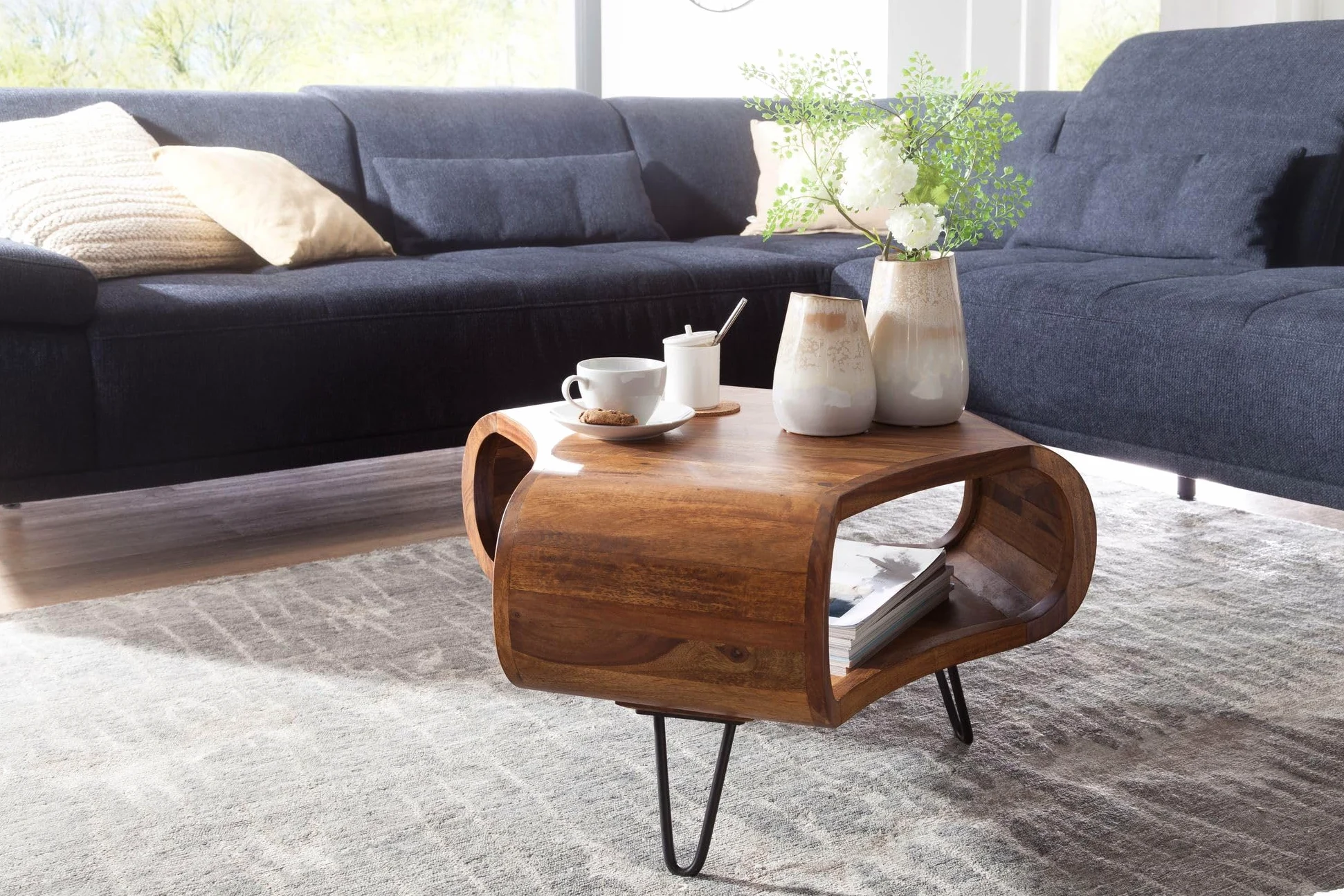 FineBuy Tavolino 55x55x38 cm Sheesham Massello con Vano Portaoggetti | tavolino da soggiorno con gambe in metallo in stile country, tavolino piccolo da divano in legno, pezzo unico fatto a mano