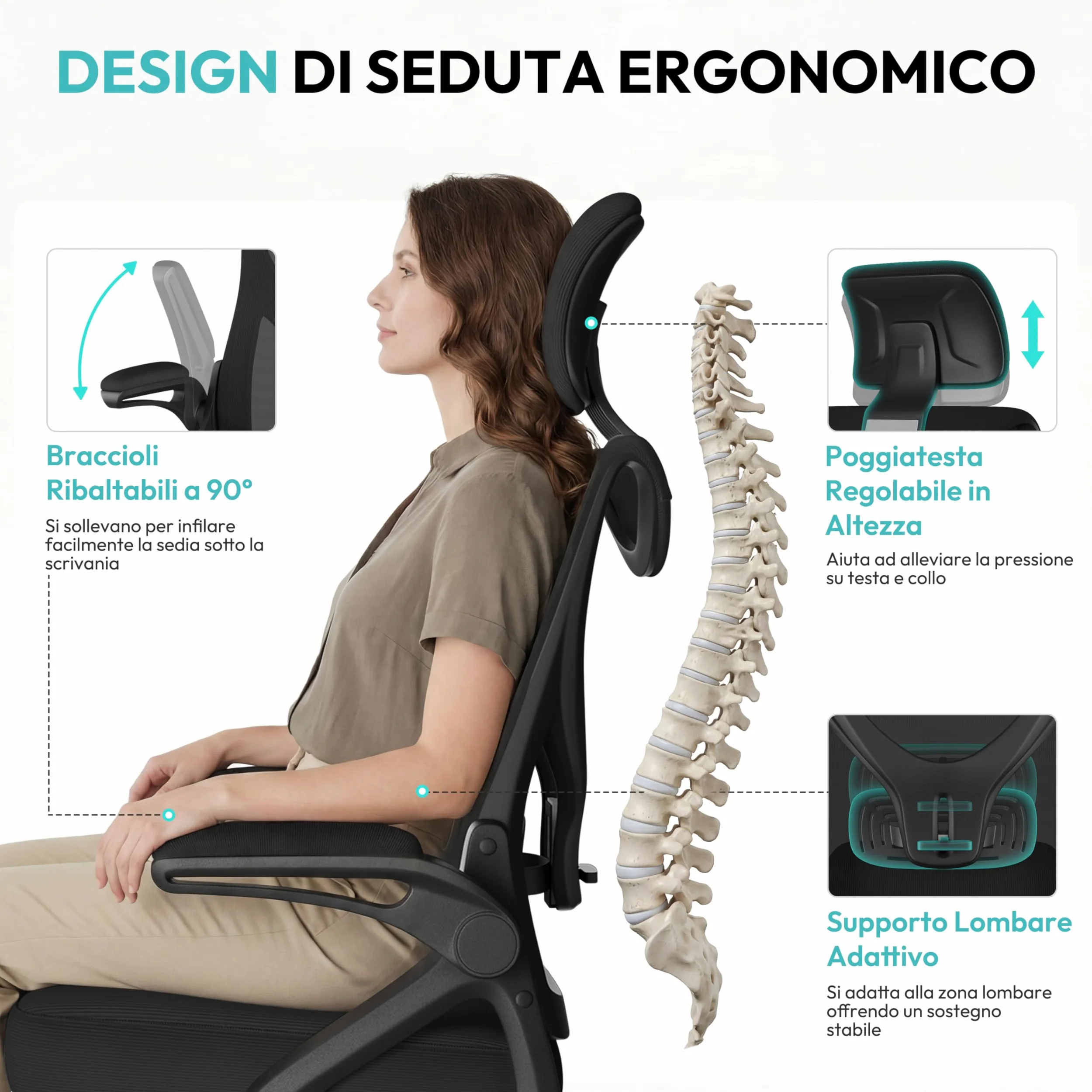 Yaheetech Sedia Ufficio Ergonomica con Braccioli Poggiatesta Regolabile Schienale Alto Funzione Dondolo Poltrona Scrivania Girevole in Rete Traspirante con Supporto Lombare Nera