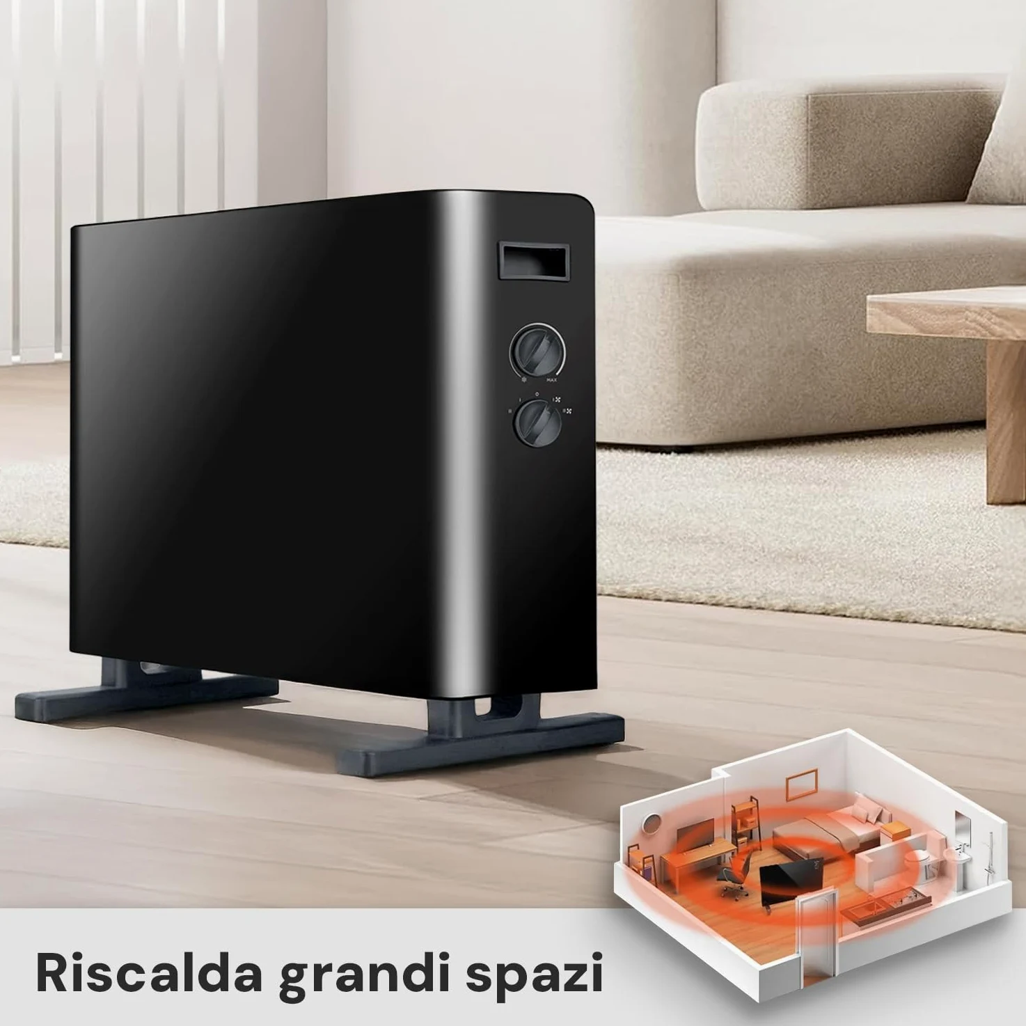 Wintem Termoconvettore Elettrico da Pavimento con 3 Livelli di Temperatura Fino a 2000W - Termostato Regolabile per Ogni Esigenza - Sistema di Sicurezza Antisurriscaldamento e Antiribaltamento