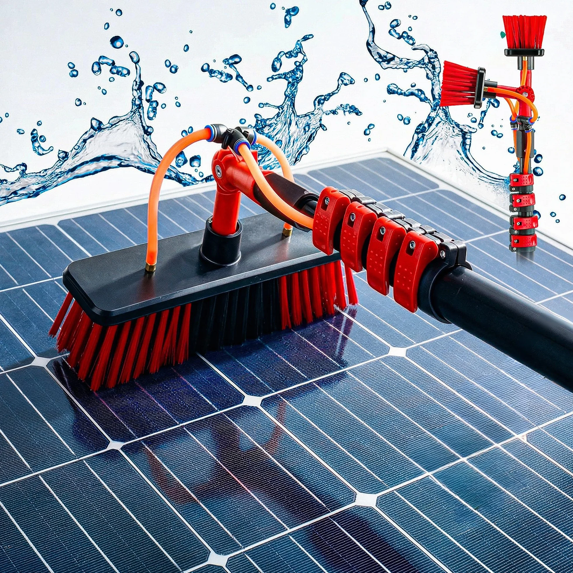 Spazzola Lavaggio con Asta Telescopico – Spazzola Telescopica con Collegamento all’Acqua per Pannelli Fotovoltaici e Solari, Auto, Camper, Grondaie, Tetti e Facciate Pulizia (4,6 m)