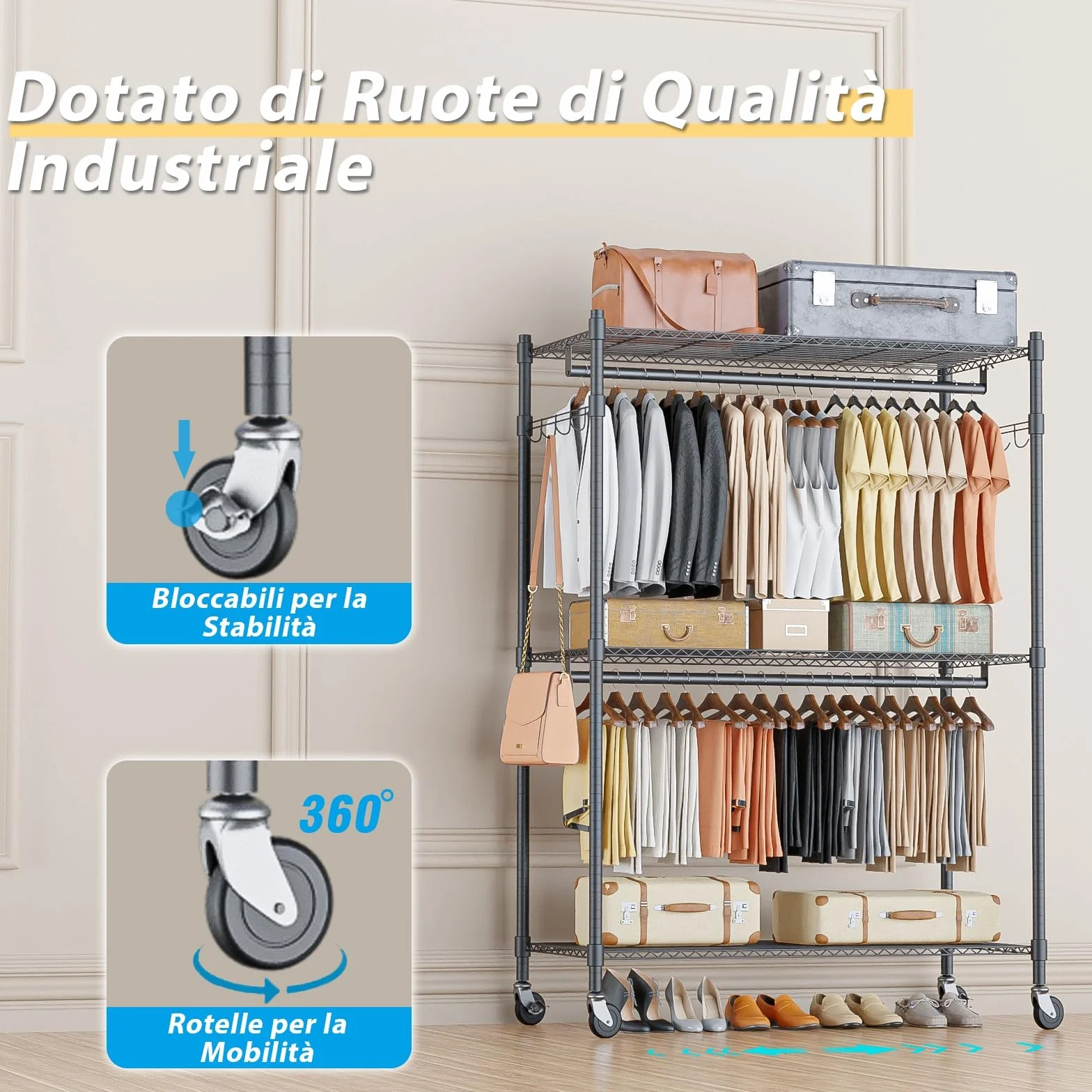 Himimi Doppio Appendiabiti con Ripiani Regolabili in Altezza, 2 Ganci, Ruote, 90x42x205 cm, Grigio