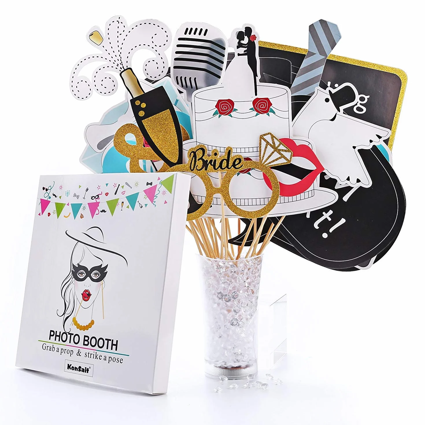 Konsait Matrimoni Photo Booth Kit 52 sztuk Akcesoria Fai da Te Puntelli Maschere Baffi Cappello Occhiali