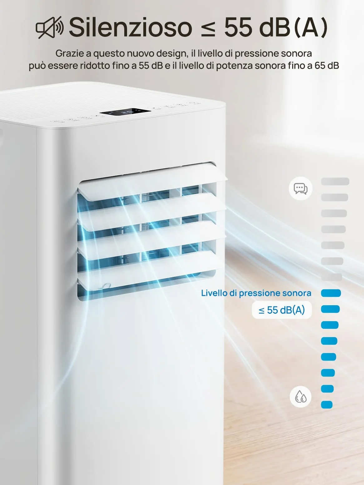 Climatizzatore mobile 9000 BTU, 4 in 1 (raffreddamento/deumidificazione/ventilazione/modalità sleep), telecomando, display LED, timer 24h e sicurezza per bambini, ideale per casa, ufficio, campeggio