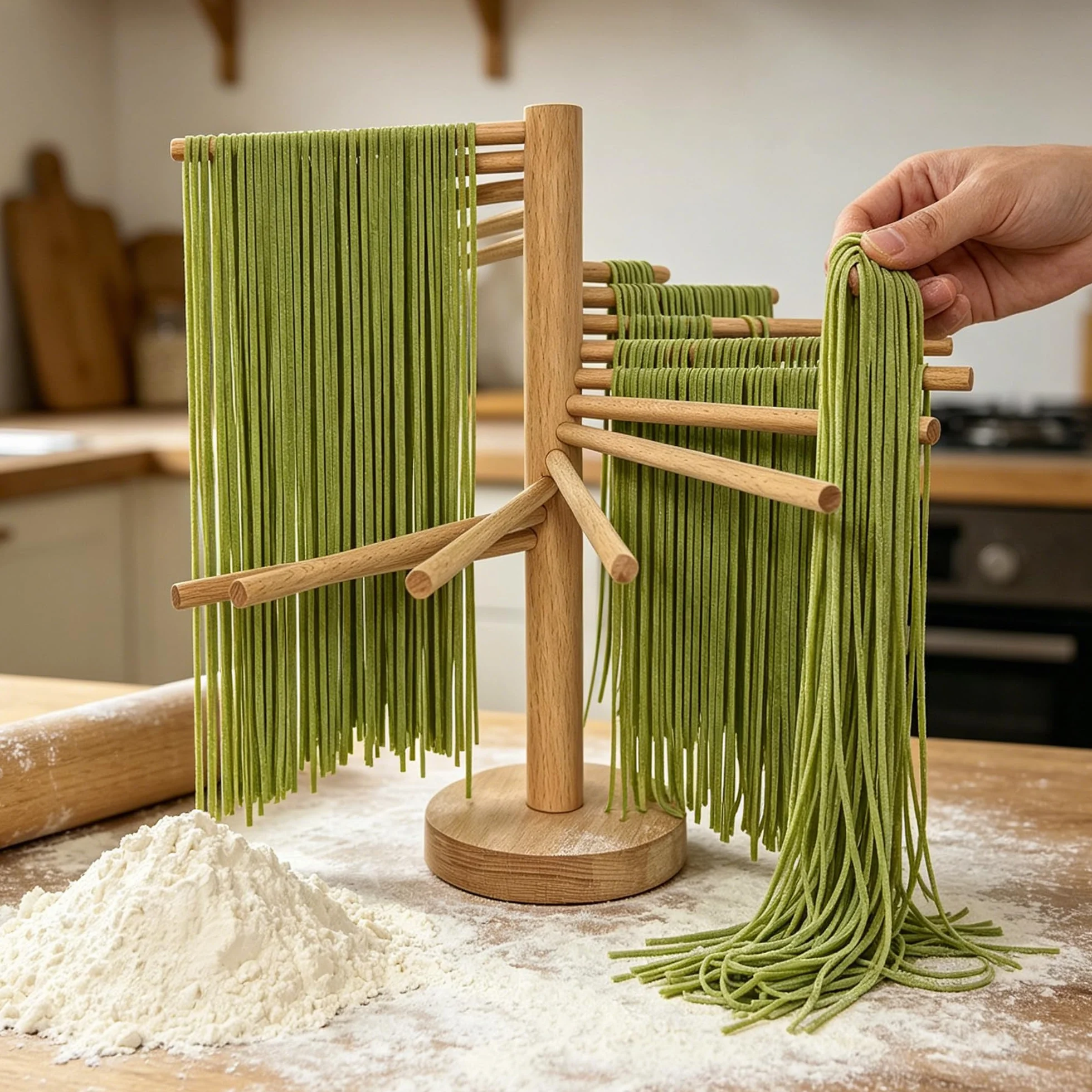 Stendipasta grande in legno, pieghevole, per pasta fresca, spaghetti, spaghetti, stendipasta, stand naturale, 16 bracci