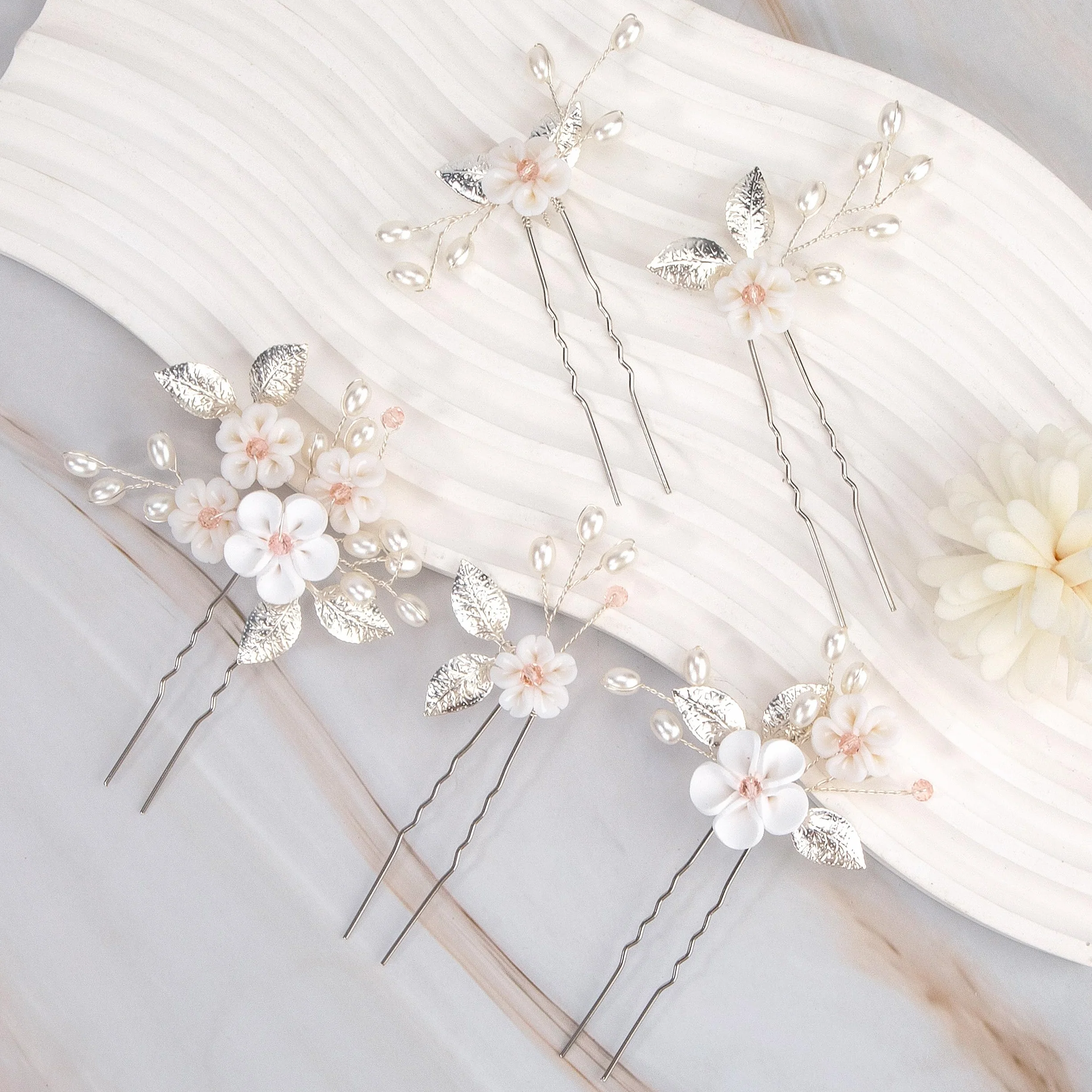 Fermagli per Capelli Fiori Perle Spille da Sposa Argento 5 Pezzi