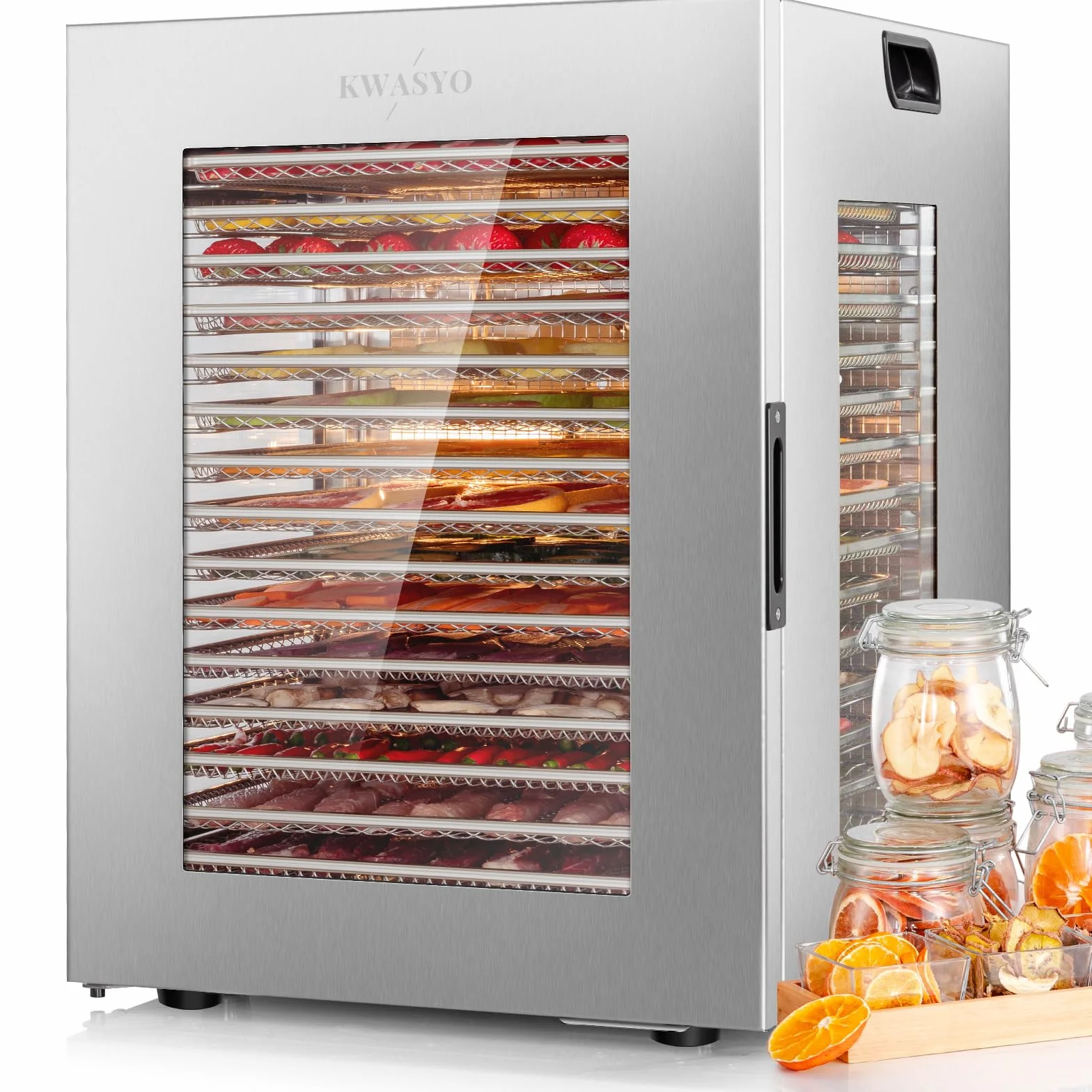Kwasyo Essiccatore Alimenti 15 Vassoi Inox, 1200W Doppia Ventola, per Carne, Frutta, Snack Cani, Erbe, Temp. Regolabile 90°C, Timer 24H, Finestre Multiple, Essiccazione Potente