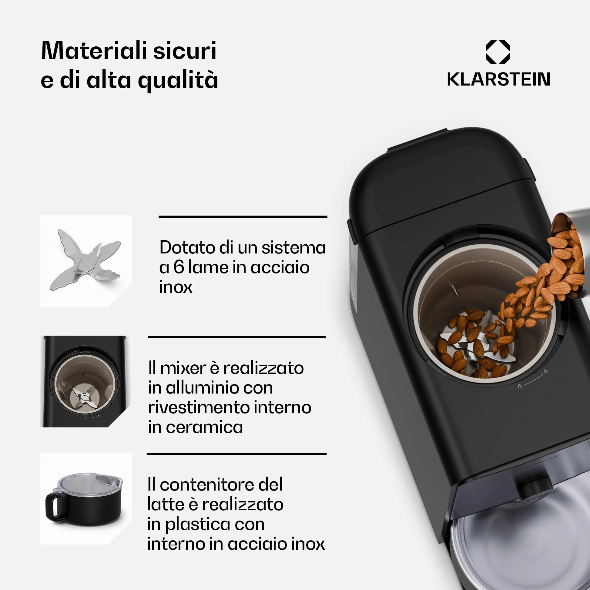 Klarstein Marcia Touch Macchina per il Latte Vegetale, 1200W, 12 Programmi, Autopulente, Display LCD, Brocca 1.2L Acciaio, per Latte di Mandorle, Avena & Noci