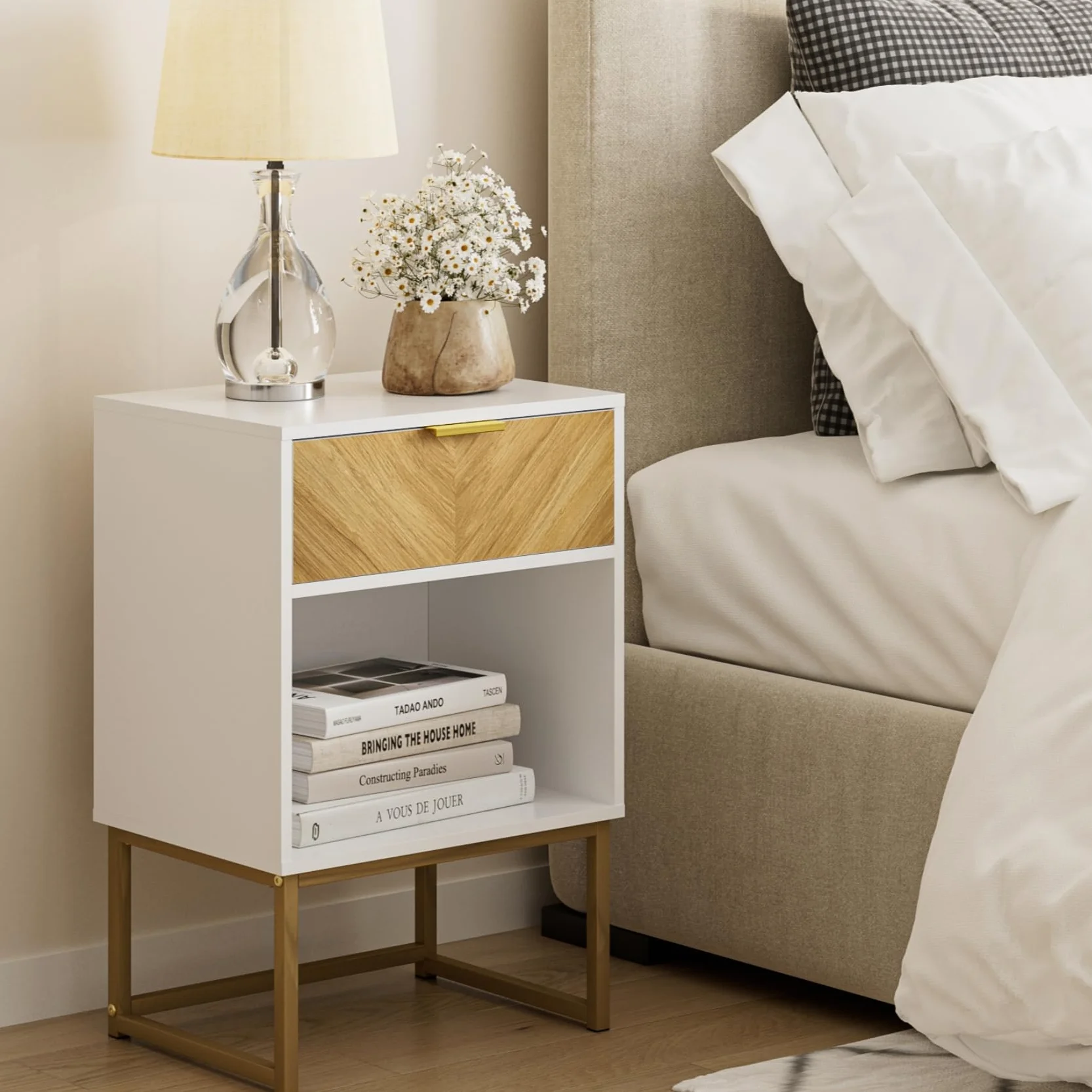 HEYZOEY Comodino moderno, bianco, 40,00 x 30,00 x 60,00 cm, con cassetto in rovere, per soggiorno, camera da letto, ufficio