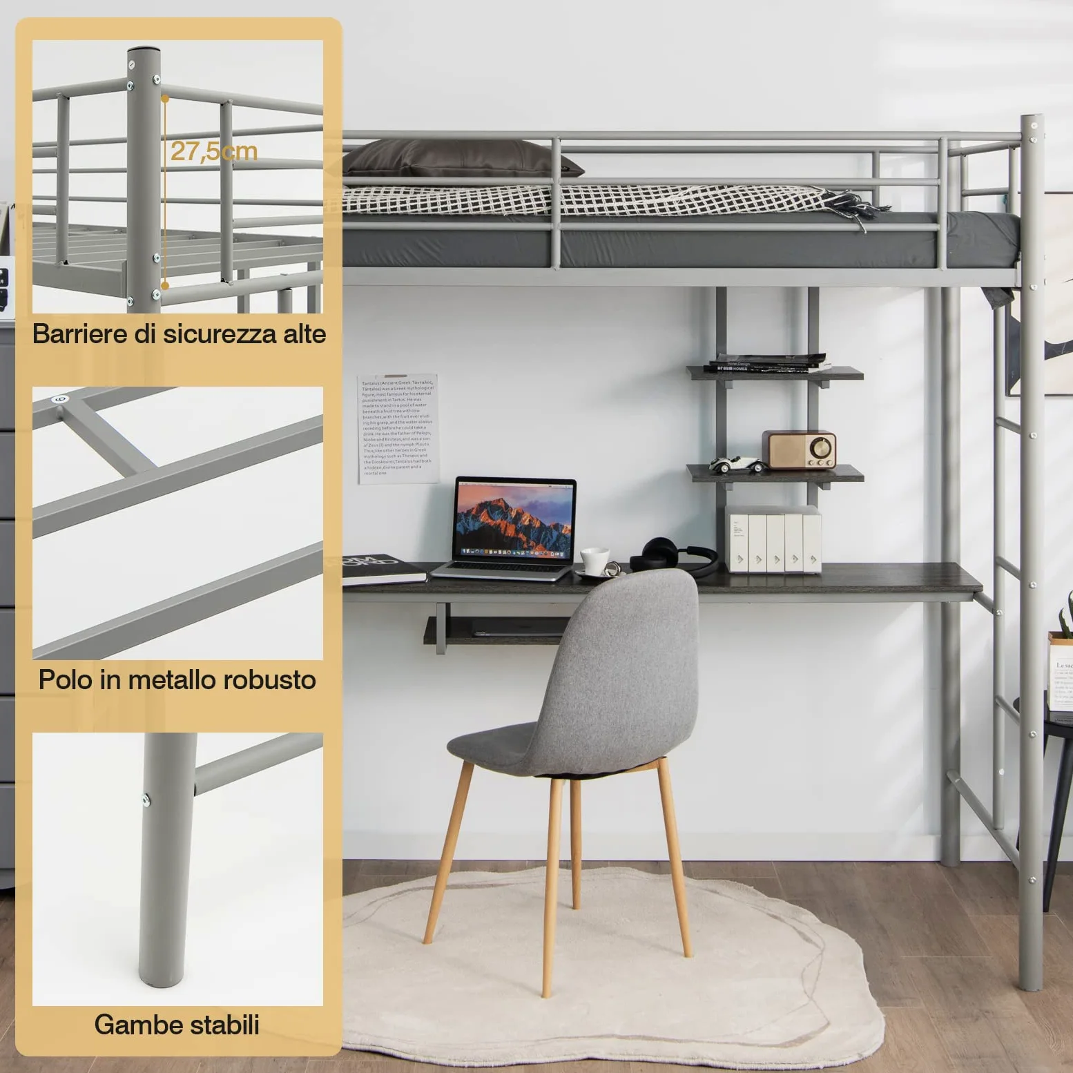 COSTWAY Letto a Soppalco in Metallo, Struttura del Letto Salvaspazio con 2 Scale e Scrivania, Letto a Doghe Ideale per Adolescenti e Adulti, 200x95x180,5 cm (Argento)
