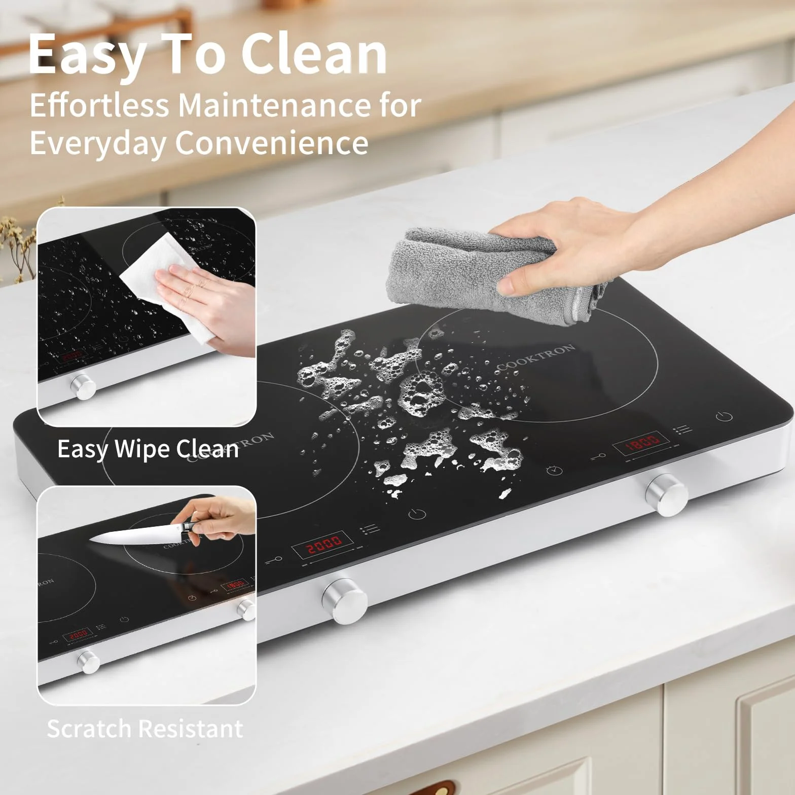 COOKTRON Piastra Induzione 2 Fuochi, Piastra Ad Induzione 3500W, Portatile con Controllo Touch e Manopola, Timer 4 Ore, Sicurezza Bambini, 10 Livelli di Potenza/Temperatura