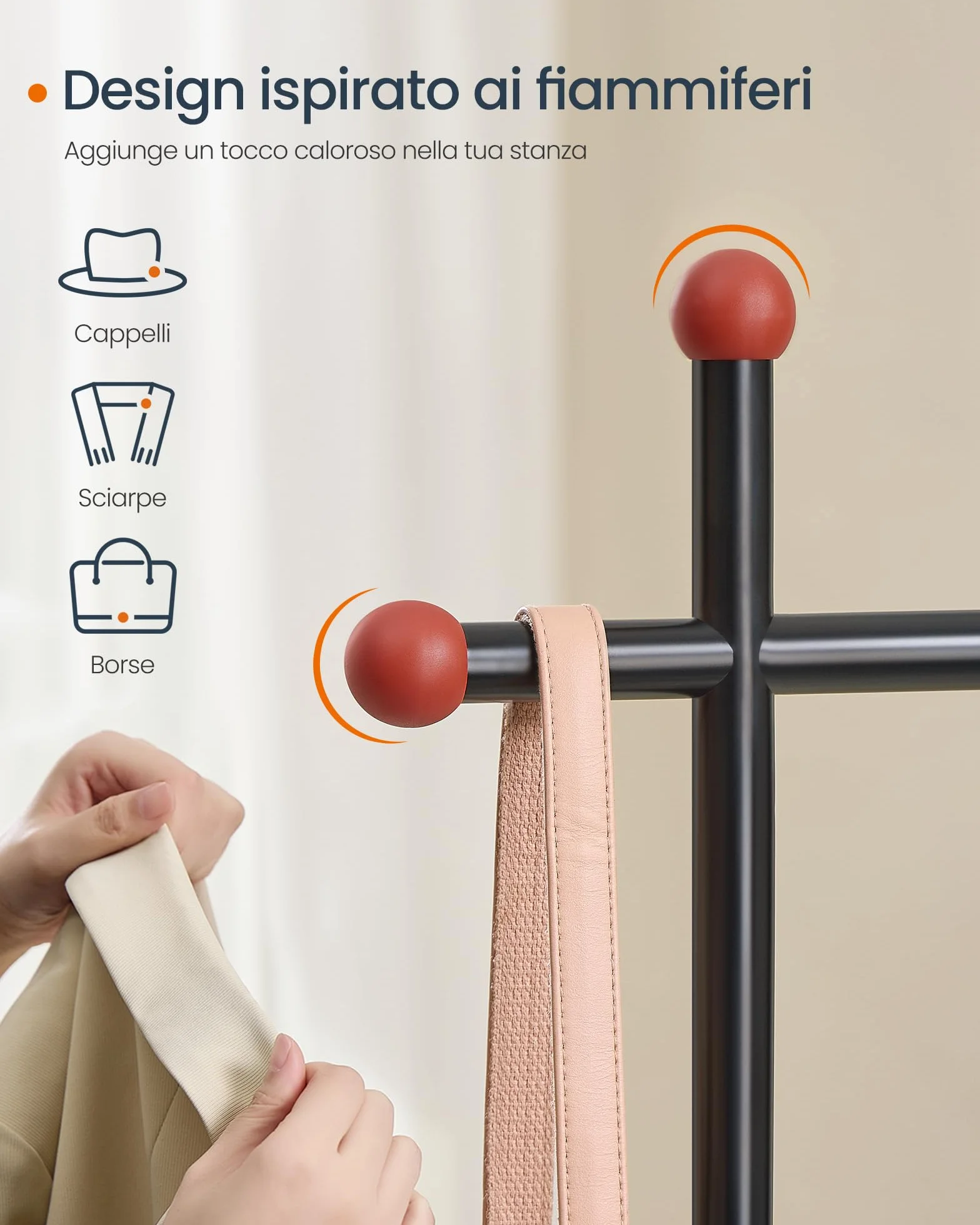 SONGMICS HOME Stand Appendiabiti, Guardaroba Aperto, 6 Ripiani Portaoggetti, 2 Barre, Ganci a Forma di Fiammifero, Armadio Camera da Letto, Noce Naturale e Nero Inchiostro RGR012B01