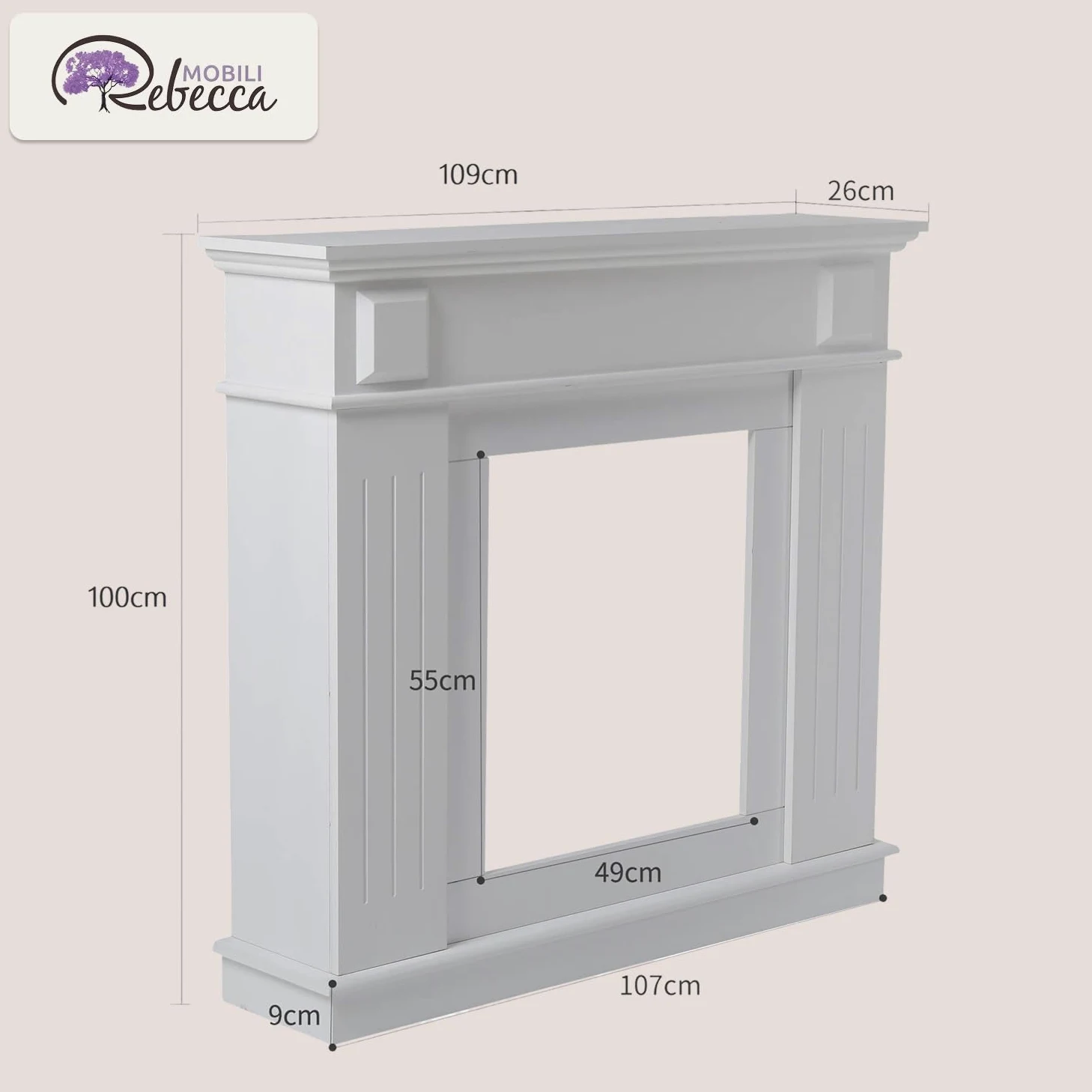 Rebecca Mobili Cornice decorativa caminetto, decorazione camino bianca, di legno, stile tradizionale, per soggiorno - Misure 100 x 109 x 26 cm (HxLxP) - RE4800