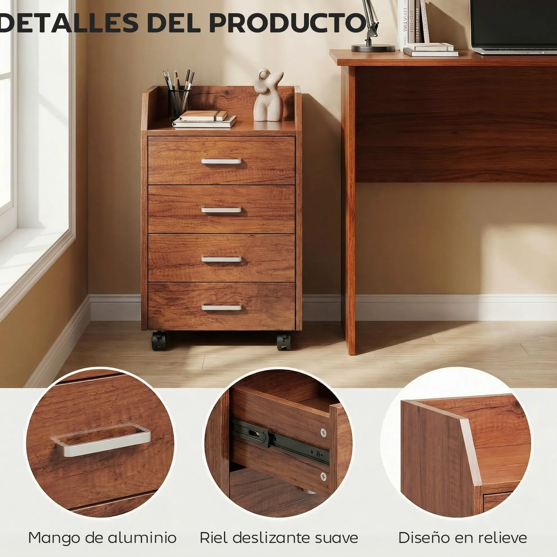 Vinsetto Cassettiera da scrivania con ruote, cassettiera da ufficio con 4 cassetti, schedario mobile per studio, salotto, da posizionare sotto la scrivania, 40x36x65 cm, marrone