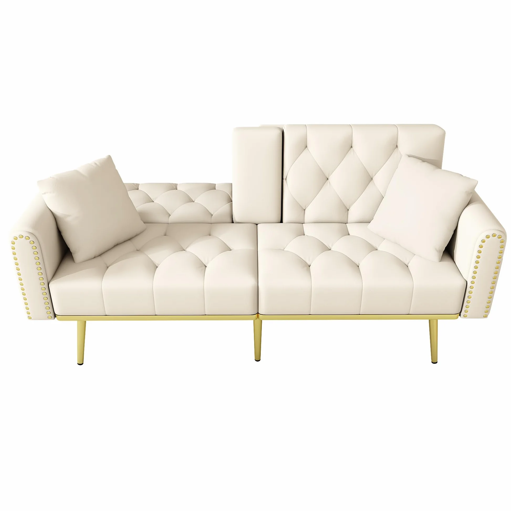 Divano letto doppio pieghevole, beige, 80 x 180 cm, con funzione sdraio, tre angoli di inclinazione regolabili e portabevande, adatto per soggiorno, camera da letto, camera degli ospiti
