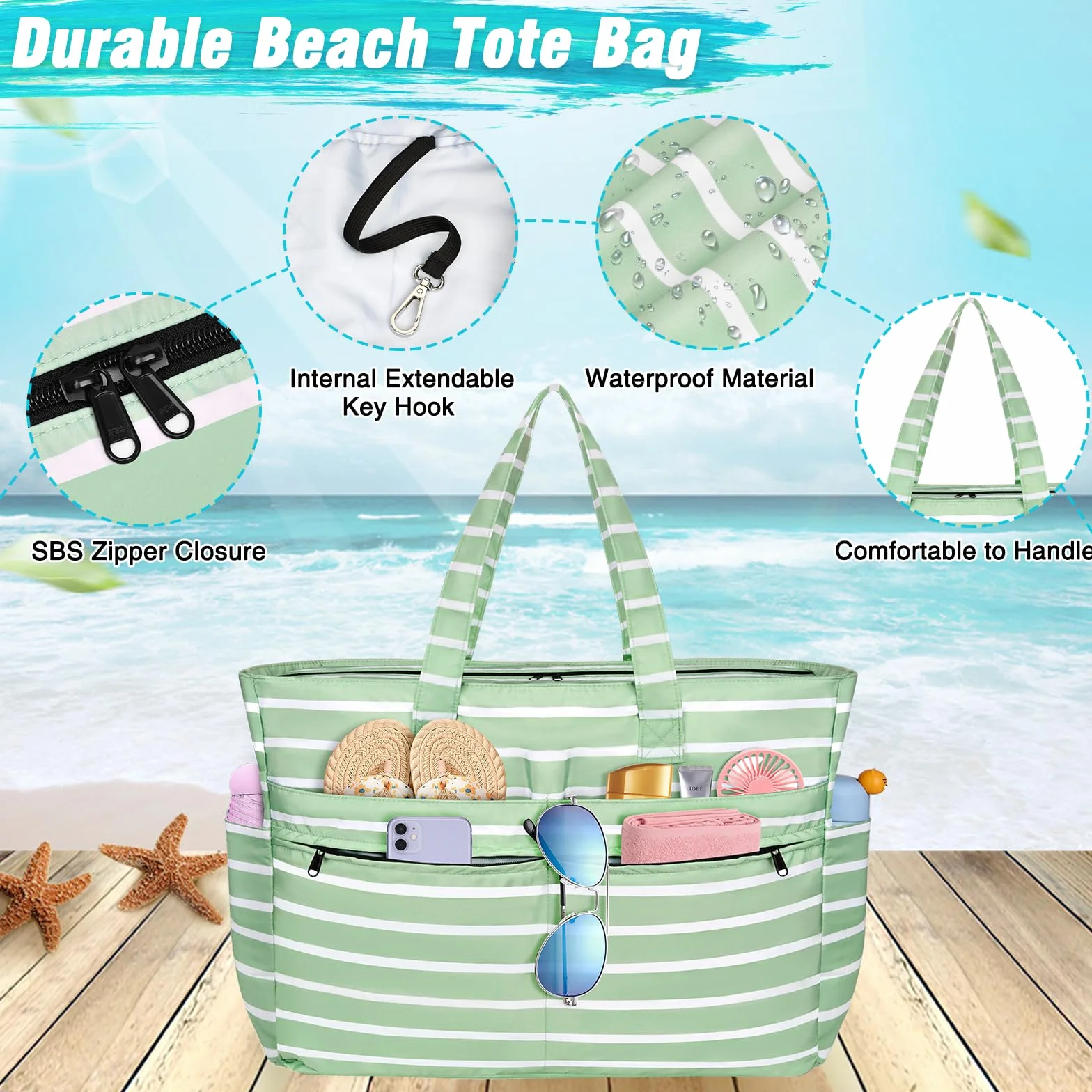 Borsa Mare Donna Grande, Borsa Spiaggia Donna Impermeabile con Zip Borse Mare Grande XXL Famiglia 50L Pieghevole Leggera Borse Beach Tote Bag per Spiaggia, Viaggio, Vacanza, Piscina