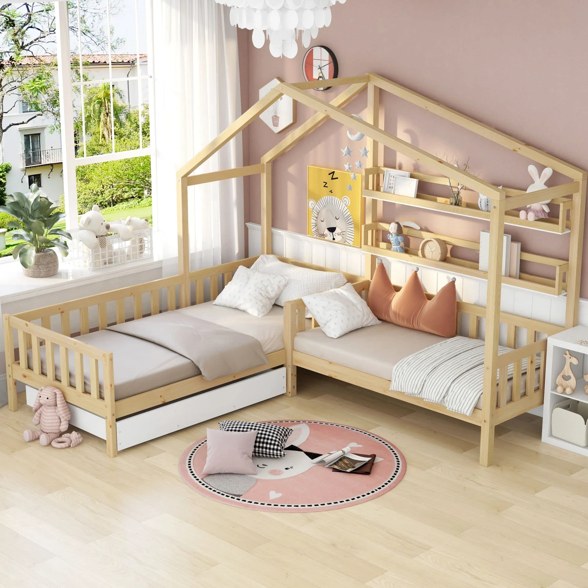 Letto a Forma di Casa per 2 Bambini 90x200 cm E 140x70 cm, Letto Matrimoniale con Cassetti e Ripiani, Legno Massello con Rete e doghe, Struttura a L, per Ragazzi e Ragazze, Naturale