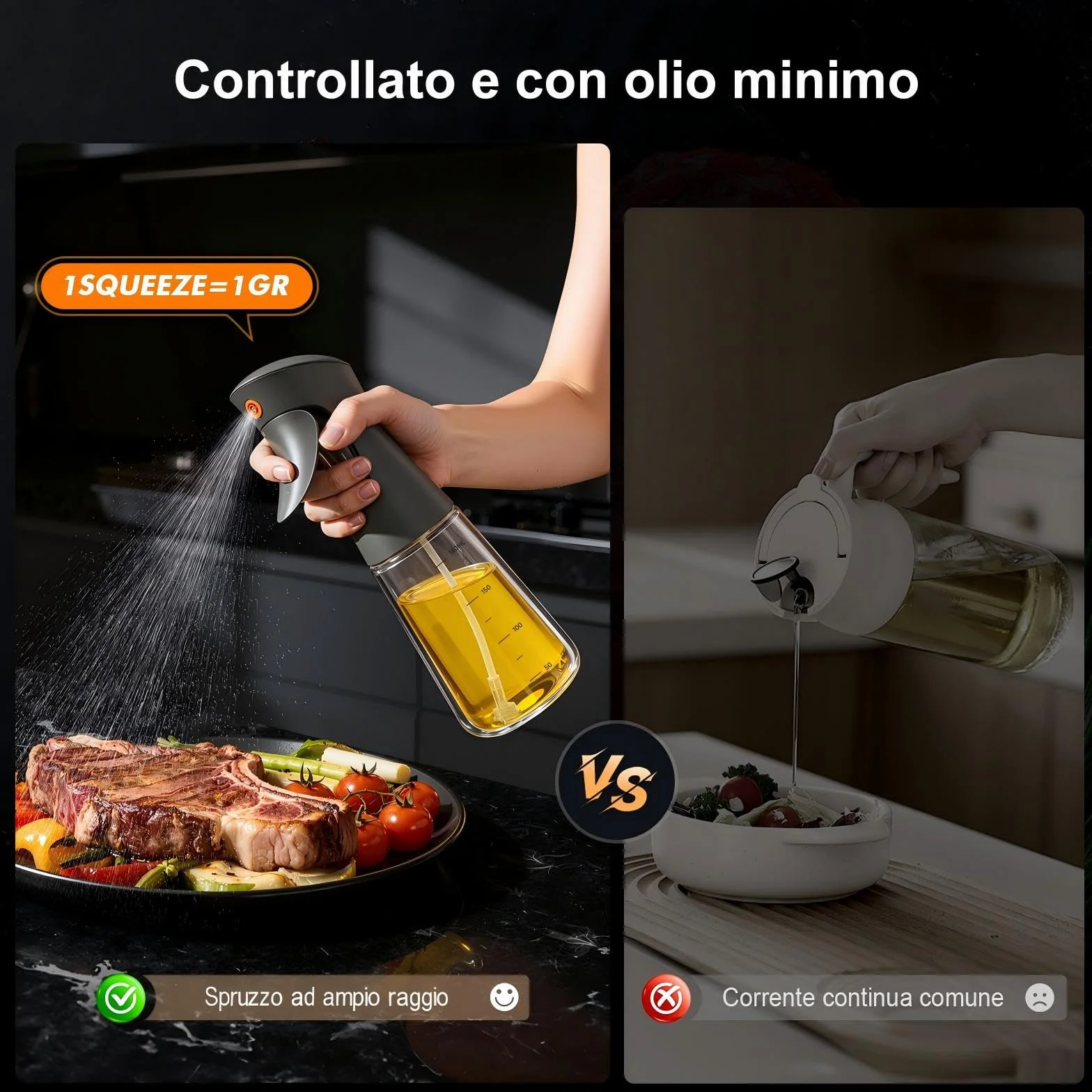 Ibergrif Spruzzatore Olio 180ml Bottiglia Spray Vetro Borosilicato per Friggitrice ad Aria Cucina Erogazione Precisa 1g Senza BPA Antigoccia Grigio M528B