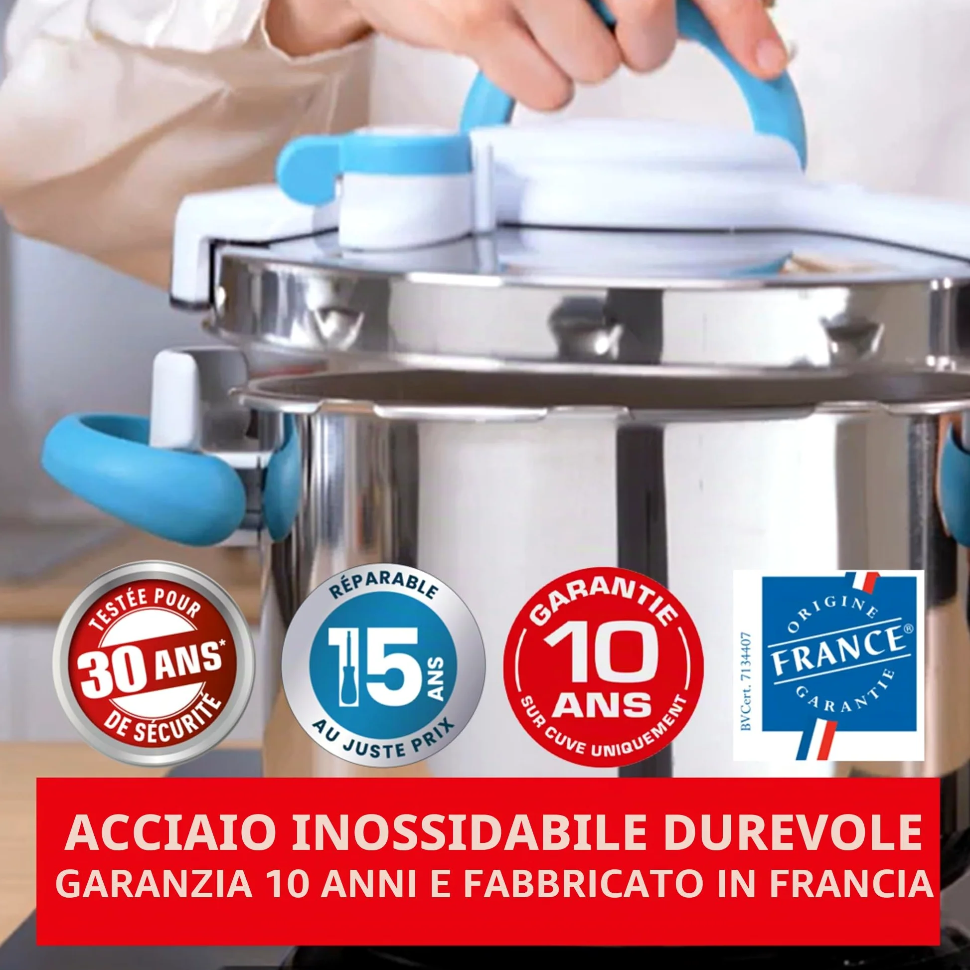 Seb 6 litri Pressure Cooker, Induzione, Stainless Steel Pressure Cooker, Foldable Handles, 100 Recipe Booklet, Made in France, ClipsoMinut'easy+ Blue P4900716