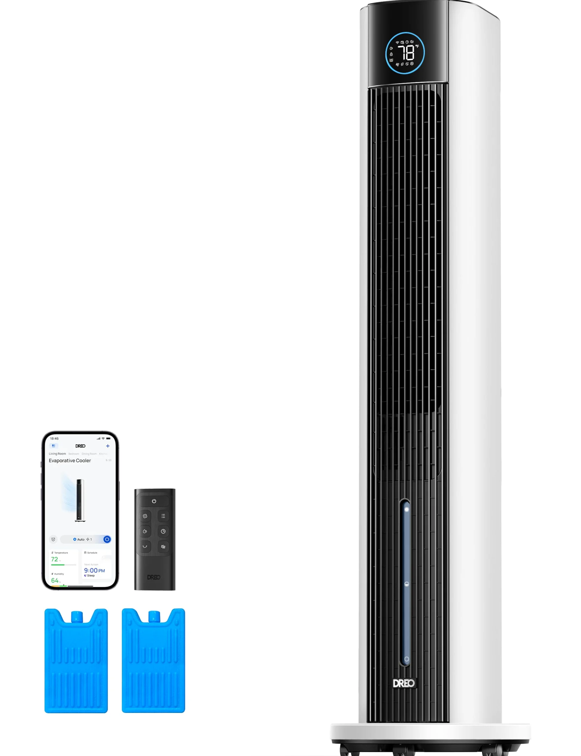 DREO Ventilatore a Torre con raffrescamento ad acqua, raffrescatore 110 cm, silenzioso, 4 velocità, 4 modalità, evaporativo, controllo app, ghiaccio incluso, oscillazione 80°, timer 12 h, bianco
