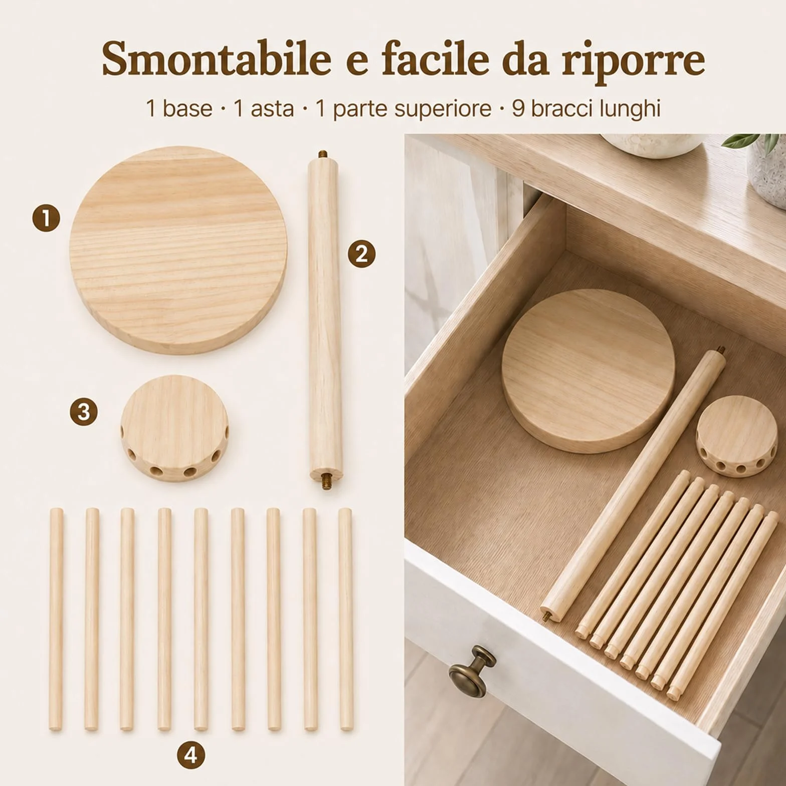 Essiccatore per Pasta, Stendi Pasta Fresca in Legno, Essiccatore Pasta Fresca, con 9 Bracci Rimovibili, Riutilizzabili, per L'Essiccazione di Pasta, Noodles Cinesi, Vermicelli, Altezza 40 cm