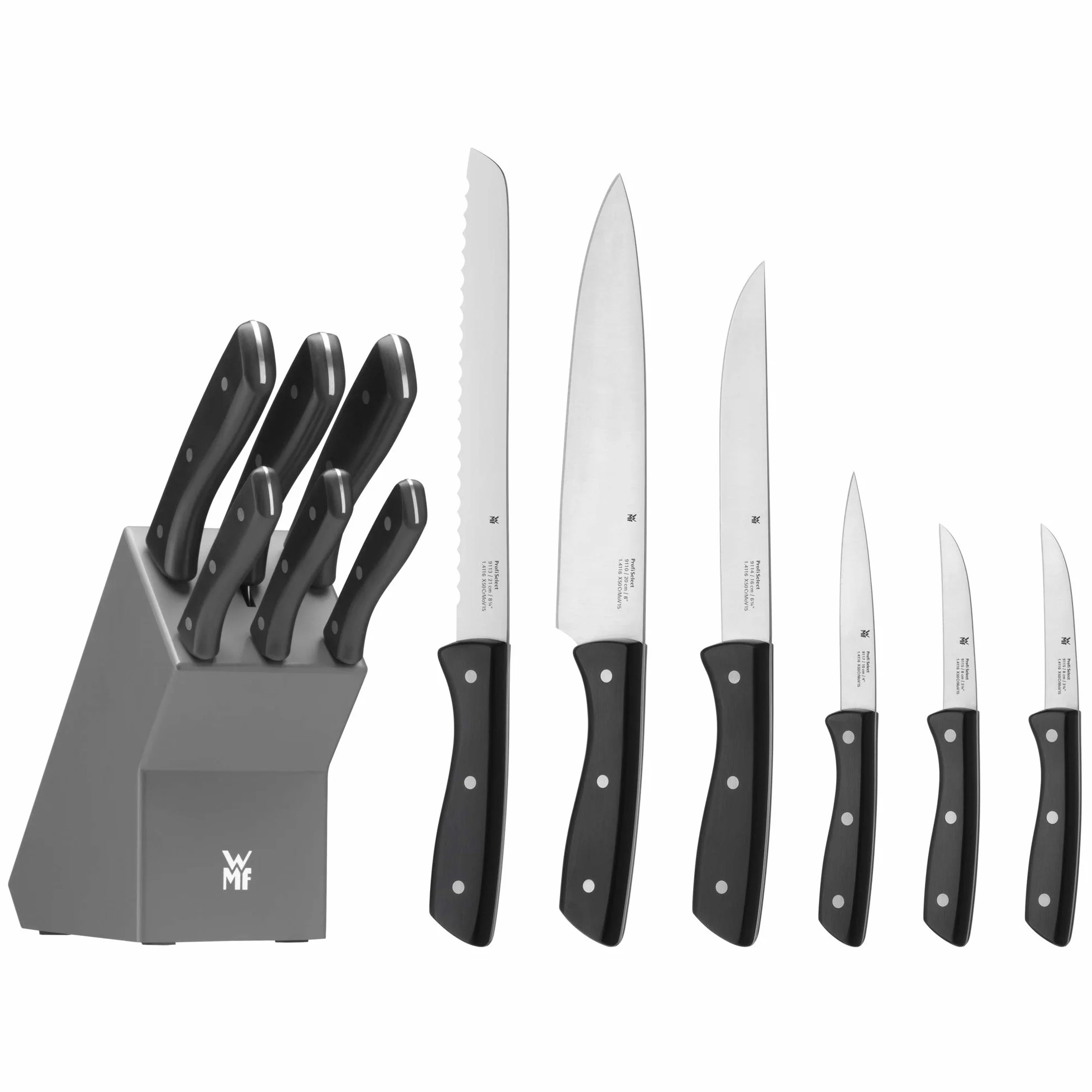 WMF Ceppo portacoltelli con set di coltelli da cucina con portacoltelli, 6 coltelli affilati, blocco in legno laccato, lama speciale in acciaio