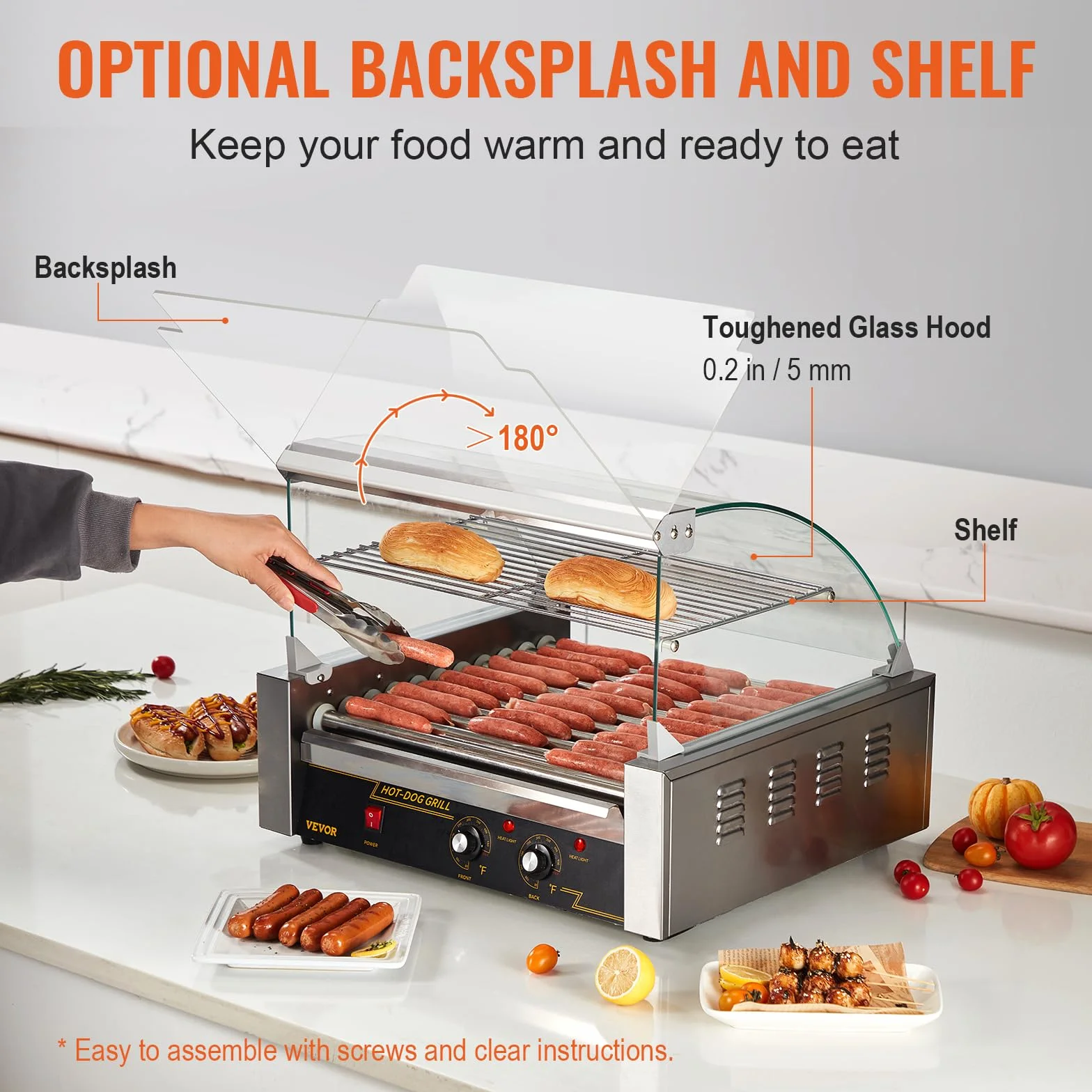 VEVOR Rullo per Hot Dog, 11 Rulli, Macchina per Grigliare Salsicce in Acciaio Inossidabile con Doppio Controllo della Temperatura, 30 Hot Dog, 2,2KW Coperchio Hot Dog Ripiano Riscaldante per Panini