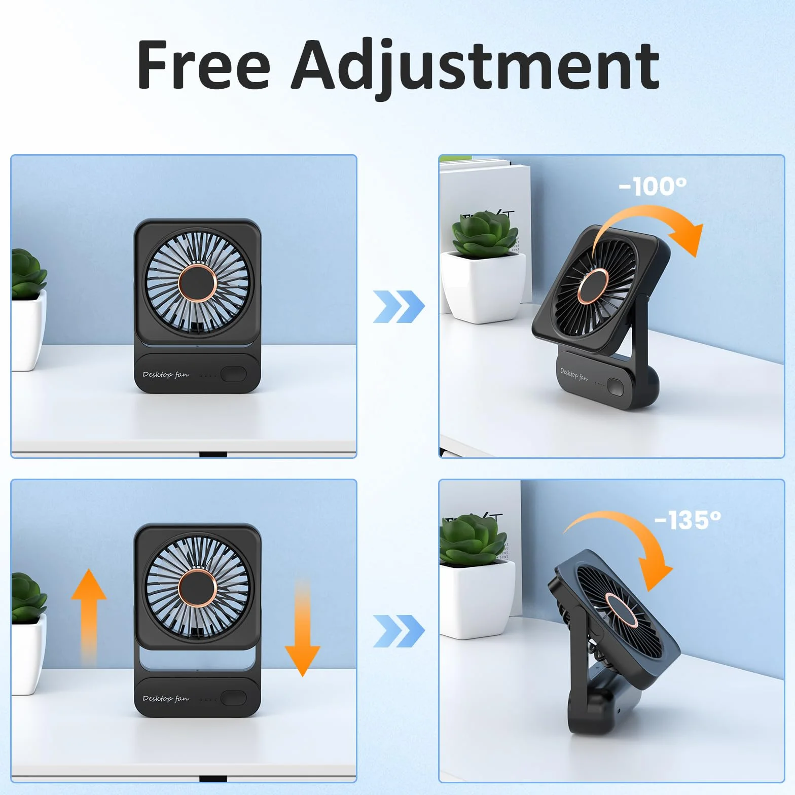 Ventilatore da Tavolo, 3 Velocità Ventilatore USB Ricaricabile di Batteria, Piccolo ma Potente, Ventilatore Scrivania Silenzioso, Ventilatore Portatile per Viaggio, Interno, Esterno, Regalo