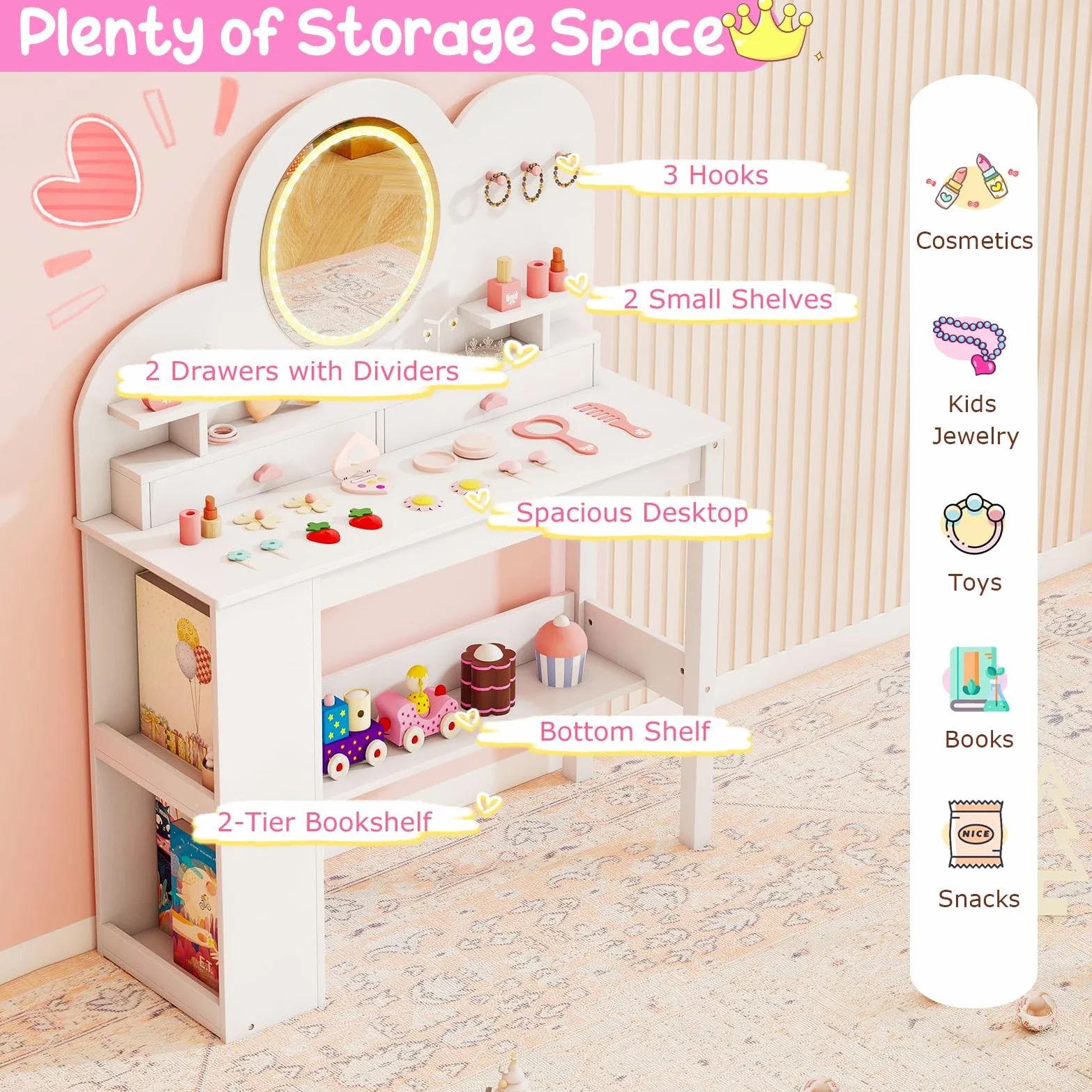 LIFEZEAL Specchiera Trucco per Bambina 3+Anni, con Luci, Sgabello, Sedia, Forma di Nuvole, Toeletta Tavolo, Postazione Makeup, con 3 Cassetti, Ripiani Aperti, Ganci, Accessori, Cameretta (bianco)