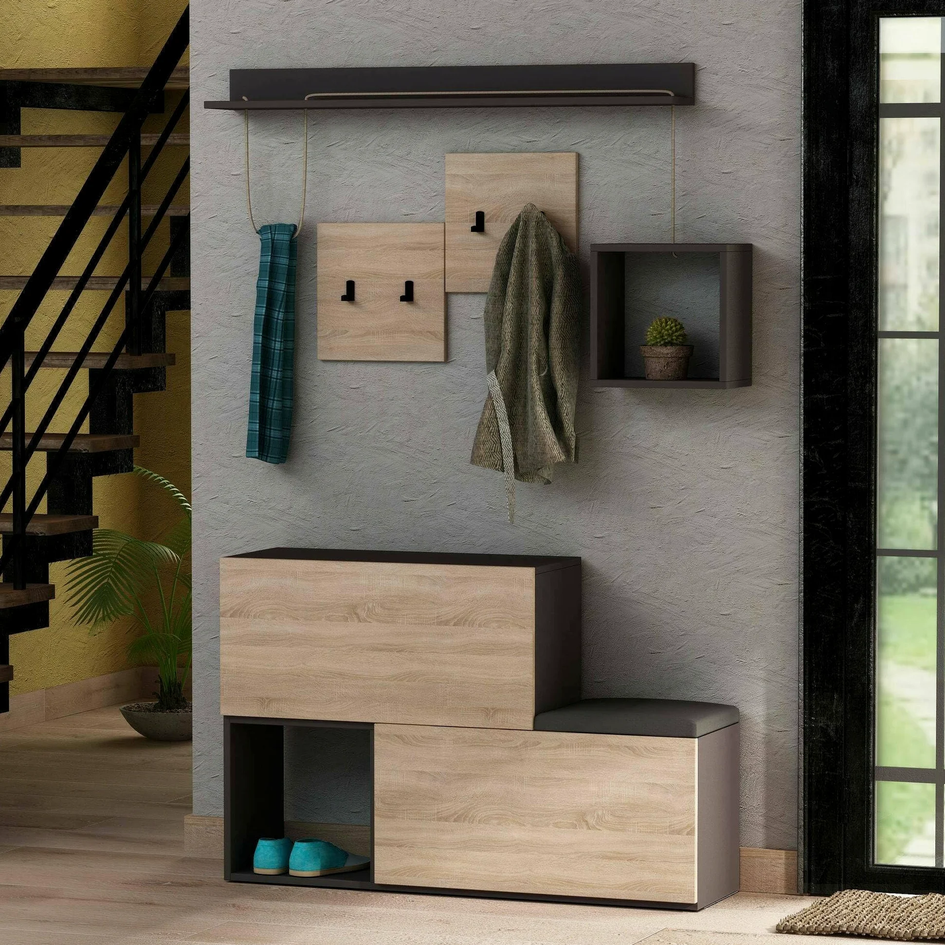 Dmora - Mobile da ingresso Caph, Entratina appendiabiti, Composizione per atrio, Consolle portaoggetti multifunzione, 120x17h76 cm, Antracite e Rovere