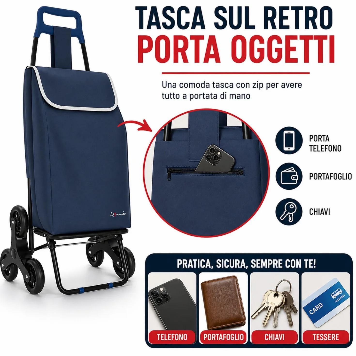 Leonardo Trolley per la Spesa con Tre Ruote Girevoli Saliscale, Portaspesa con Borsa Rimovibile
