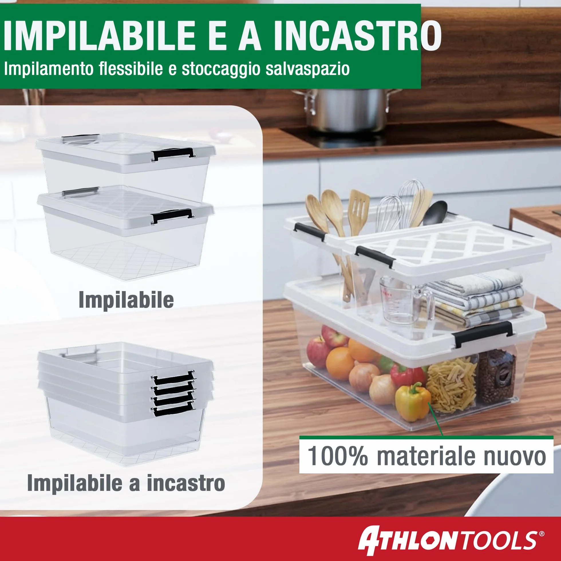 ATHLON TOOLS 4x 12,5L Scatole Plastica Trasparente con Coperchio Contenitori Impilabili per Alimenti