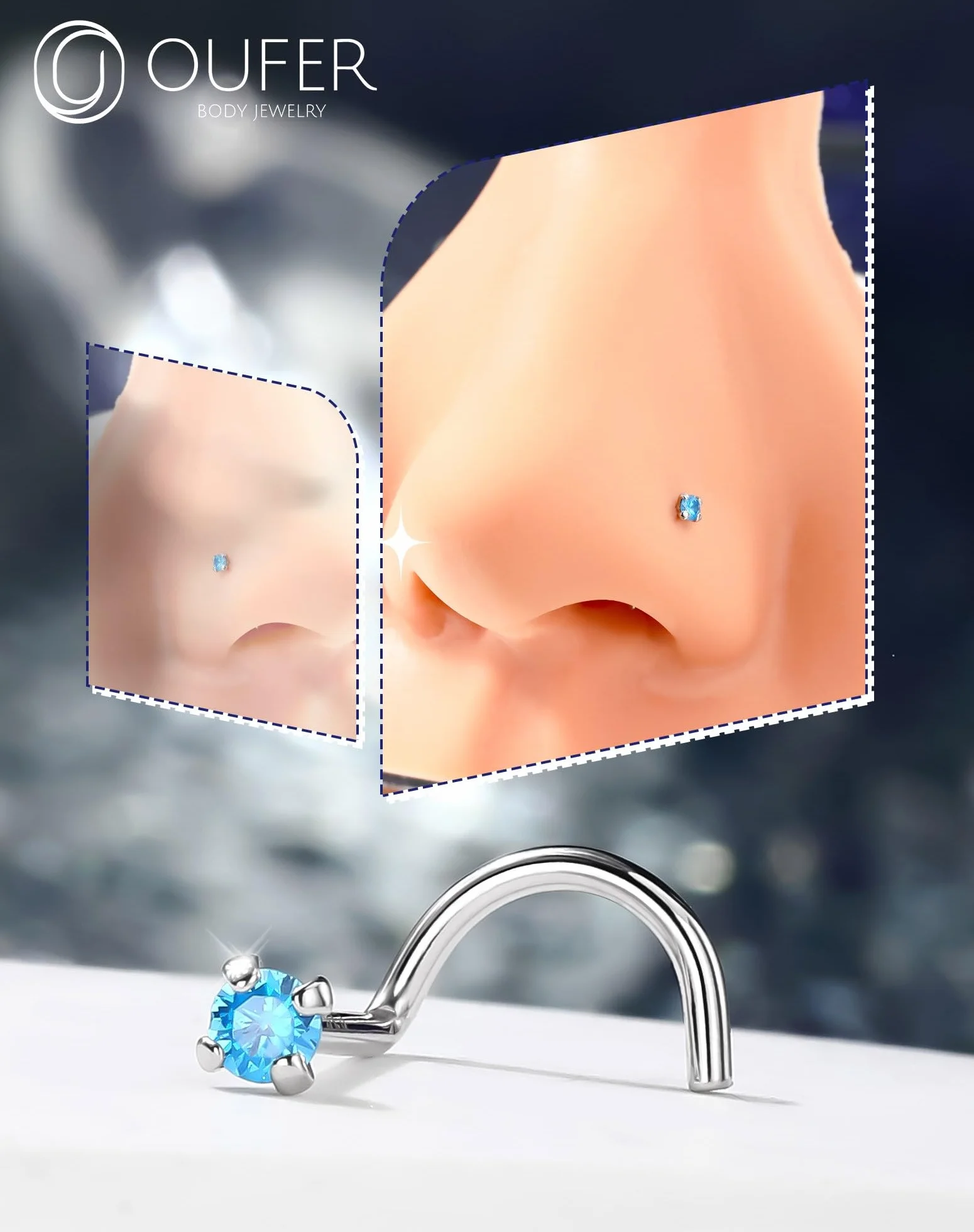 OUFER Piercing Naso Argento 925 Anello Naso 7mm Nose Ring CZ Viola/Blu/Nero Nostril