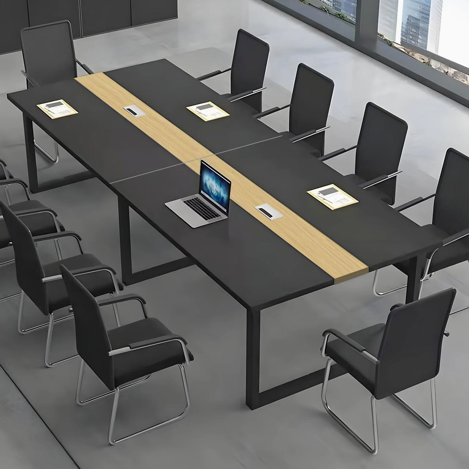 Tavolo Riunioni Ufficio Moderno, Tavolo da Conferenza Rettangolare con Canalina per Cavi e Struttura in Metallo Nero, Ideale per 8-12 Persone, Sala Conferenze e Seminari