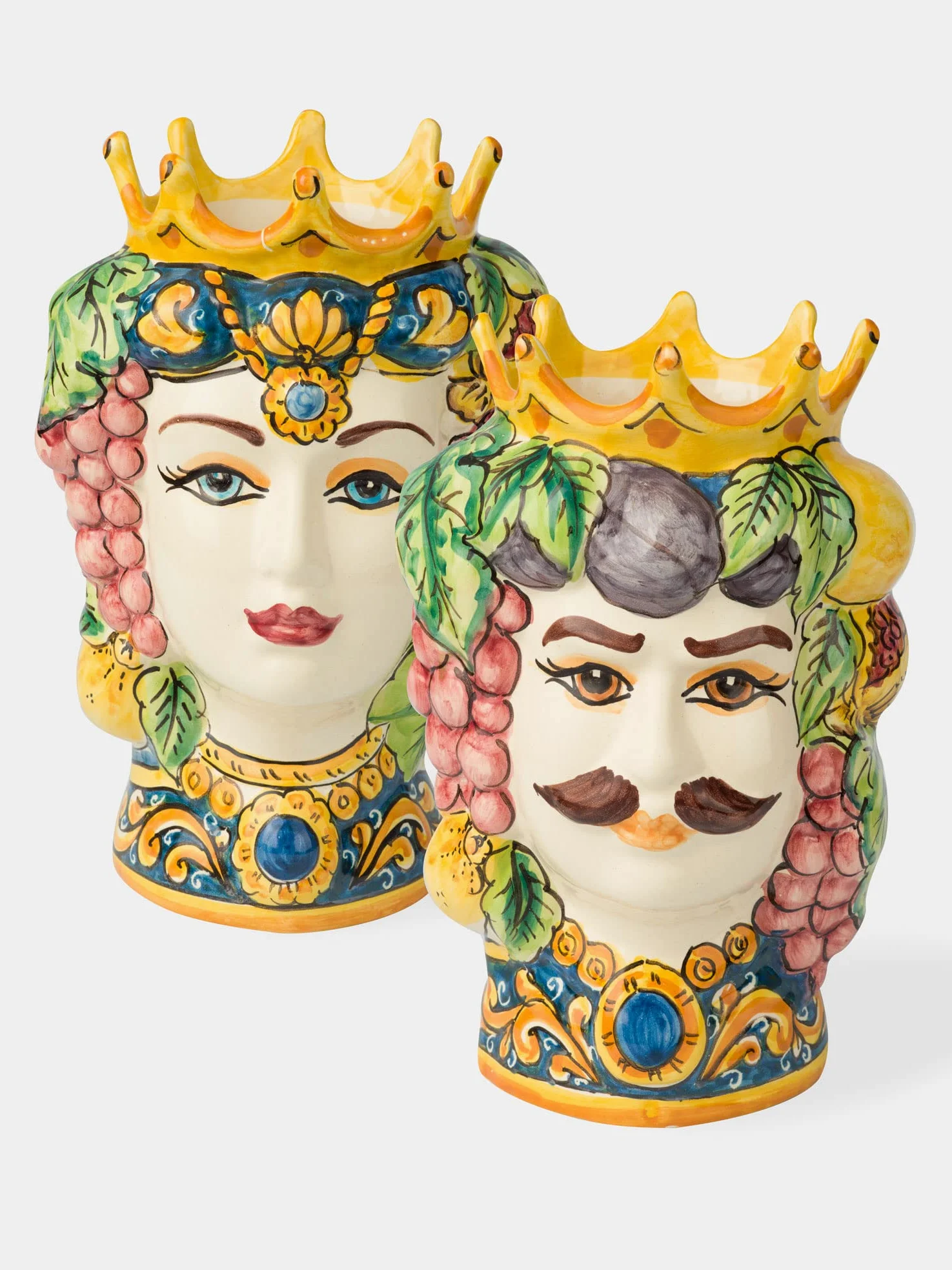 Terrecotte del Sole - Coppia Teste di Moro siciliane originali decoro frutta H 24 cm, realizzate e decorate a mano.