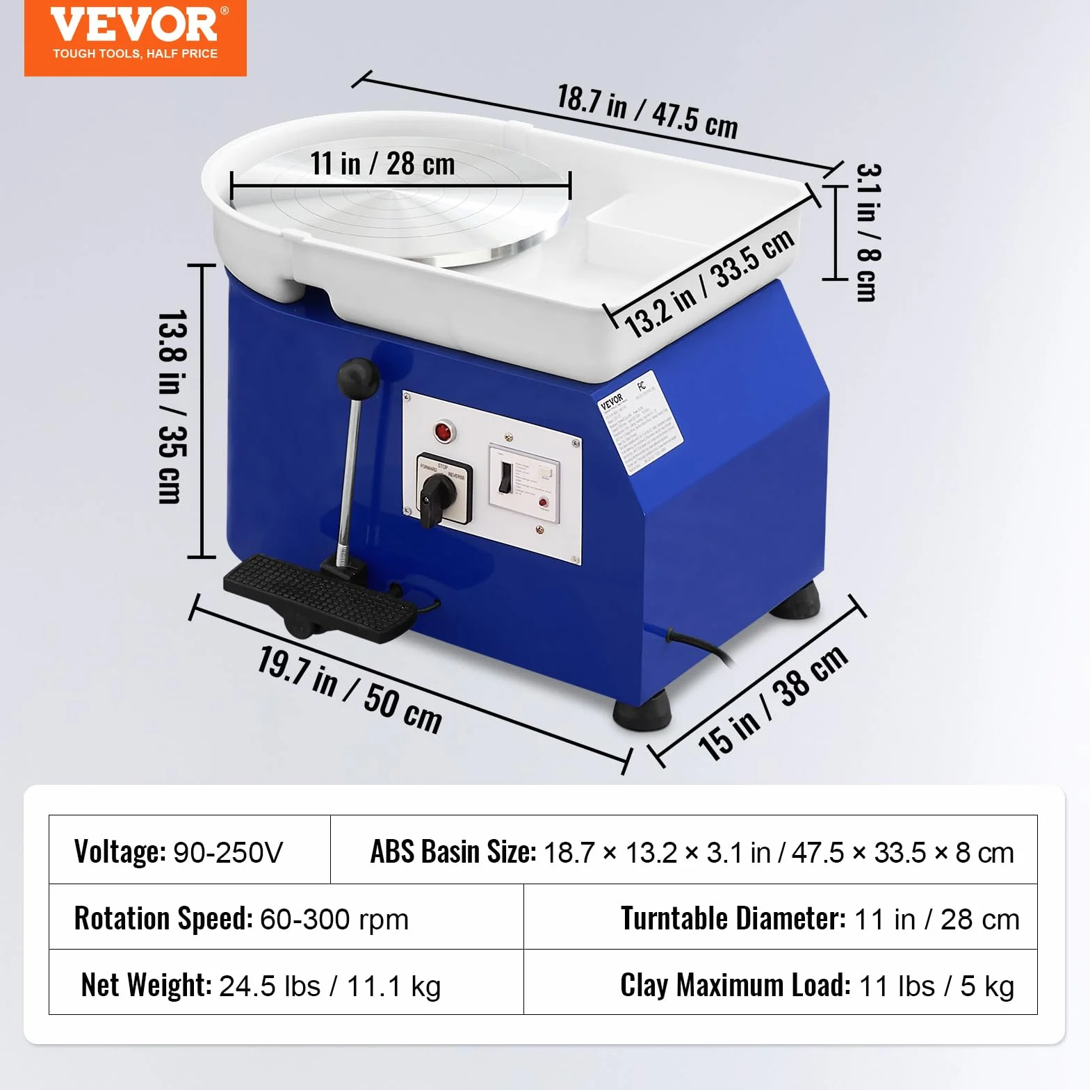 VEVOR Tornio per Ceramica Argilla 350W 28cm 60-300 giri/min Fai-da-te
