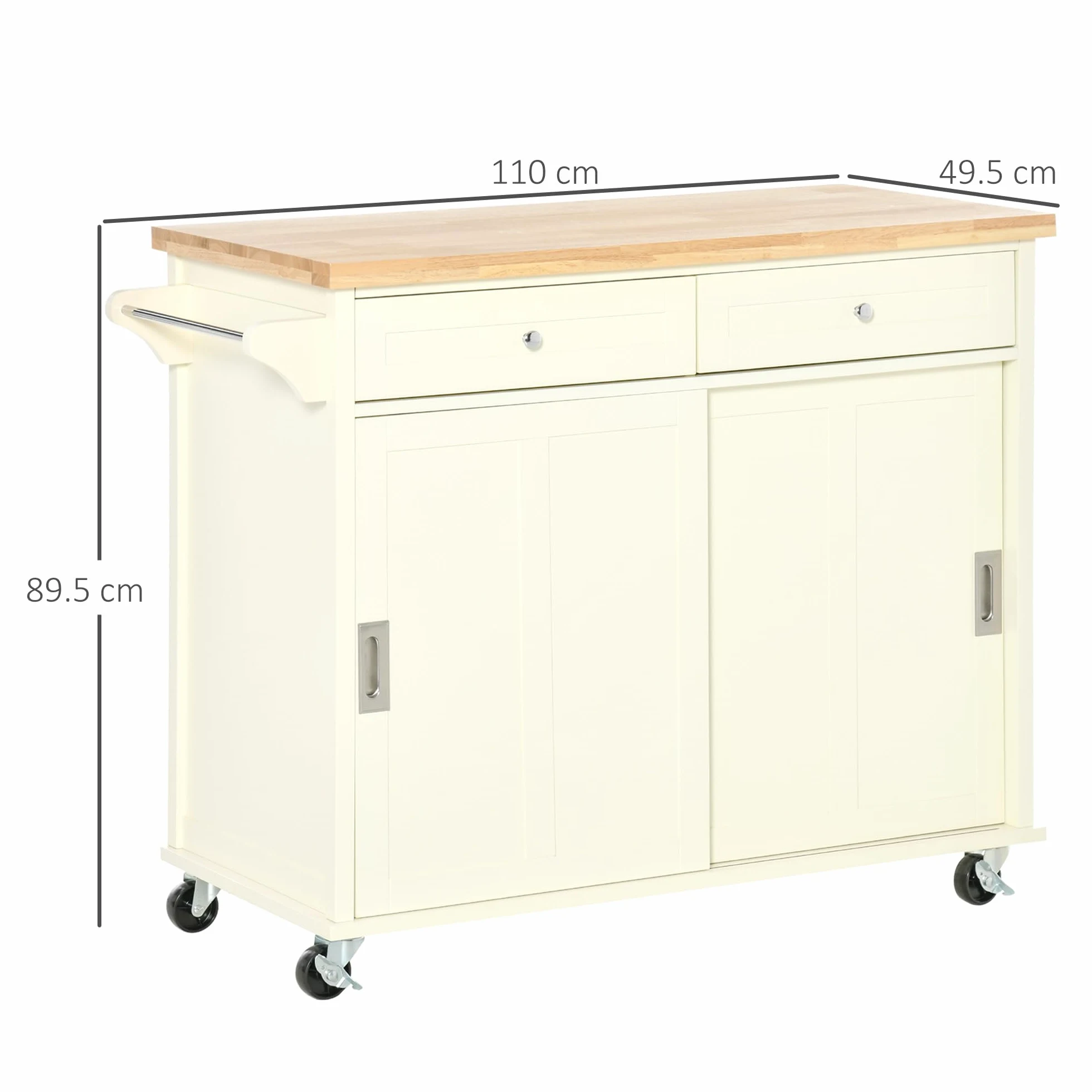 HOMCOM Isola per Cucina in Legno e MDF con Cassetti, Armadietto e Portasciugamani, Carrello da Cucina a 4 Ruote per Utensili, 110x49.5x89.5 cm, Bianco