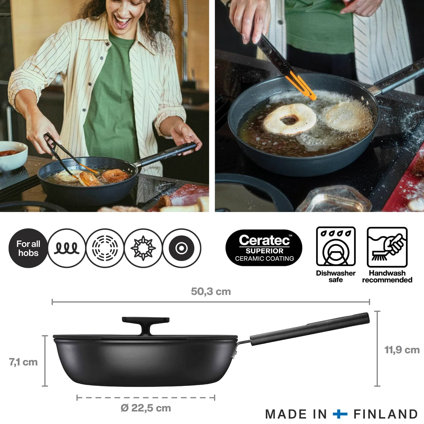 Fiskars Padella con Coperchio, Hard Face, Diametro 28 cm | Capacità: 3,5 litri, Rivestimento Antiaderente, Resistente ai Graffi, Alluminio/Plastica, Nero, 1075530