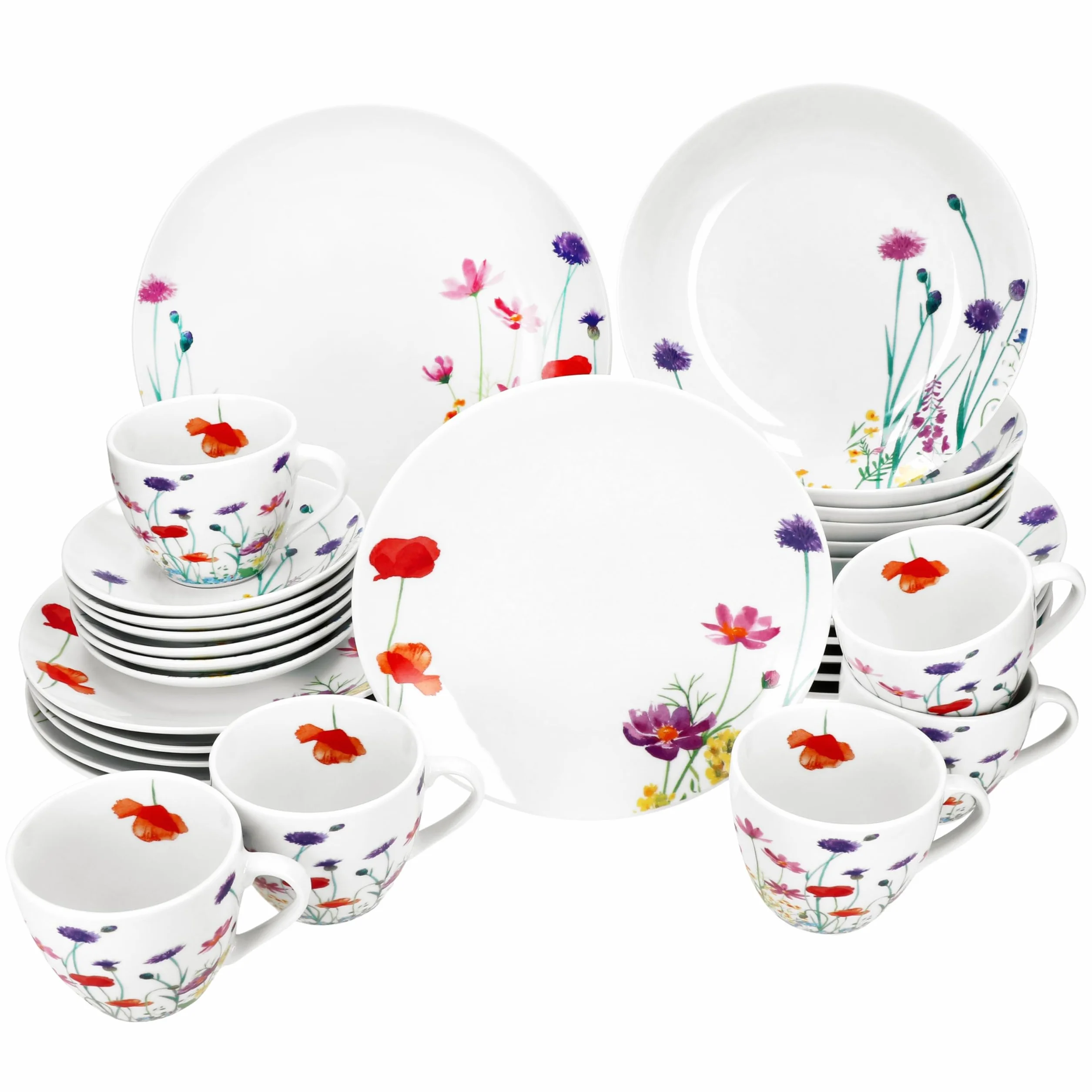 MamboCat Marie Servizio combinato da 30 pezzi, in porcellana con decorazione prato floreale, per 6 persone, 6 tazze, piattini, piatti da torta, piatti fondi e piatti piani