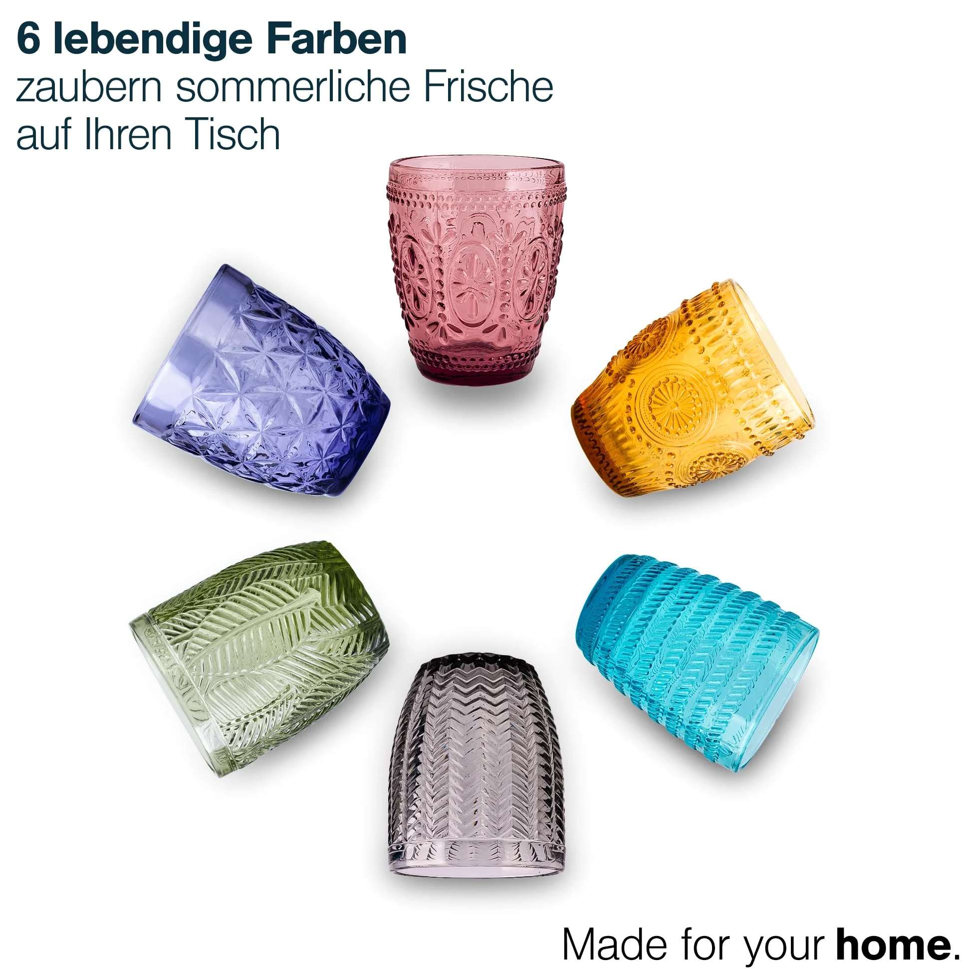 Norqvist Set di bicchieri colorati – Set di bicchieri da acqua colorati – Set da 6 bicchieri da succo – 250 ml – lavabile in lavastoviglie – design moderno con motivi