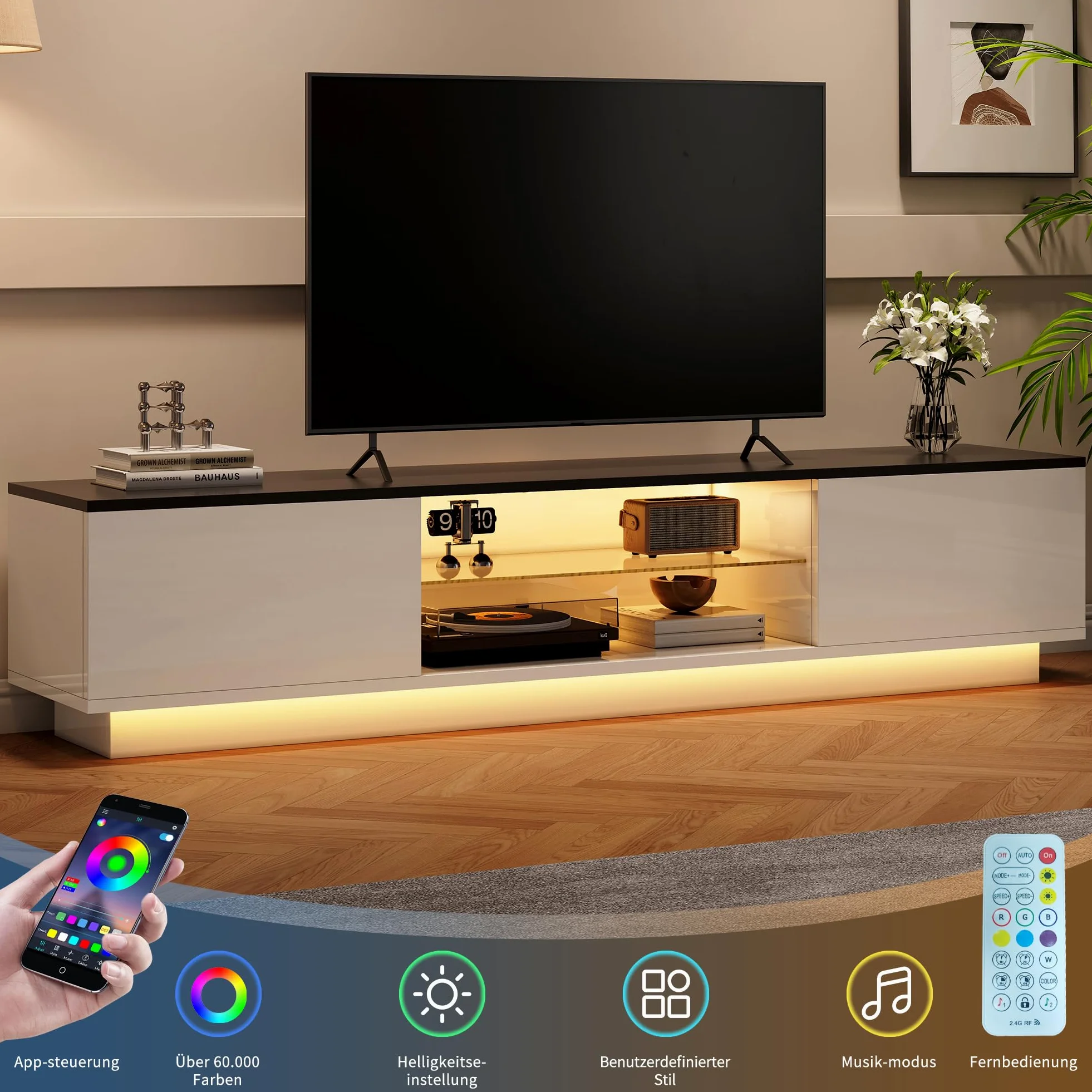 Mobile porta TV LED 160 cm, mobile per TV, mobile per TV, moderna credenza TV in legno con 2 scomparti portaoggetti, basso mobile soggiorno, mobile soggiorno (bianco, 3 (160 cm))