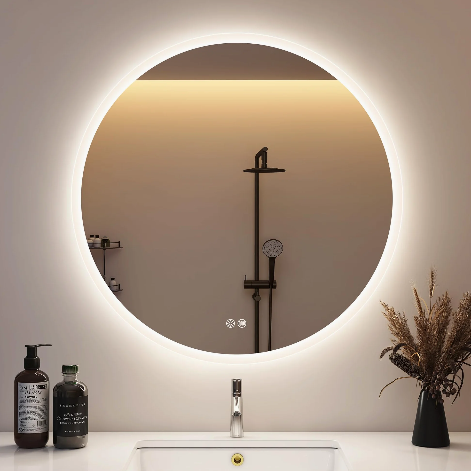 STARLEAD Specchio-Rotondo-Bagno-con-Luce 80cm, Specchio-Bagno-LED con Antiappannamento, Dimmerabile, 3 Colori Luce, Funzione Memoria, IP44, HD Vetro Temperato