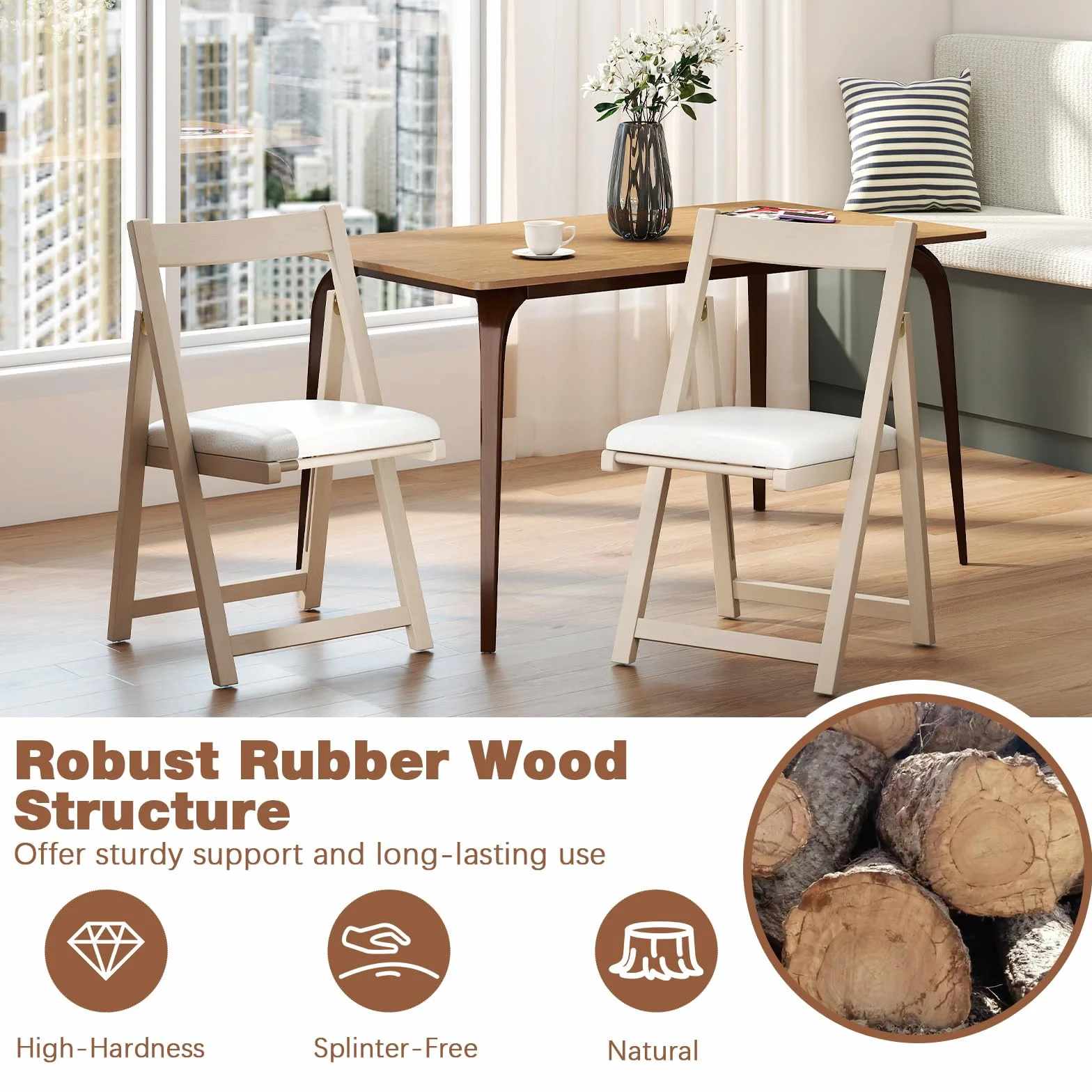 GIANTEX Set di 2 sedie pieghevoli, imbottite, con telaio in legno di gomma e schienale inclinato, per cucina, soggiorno e balcone (beige)