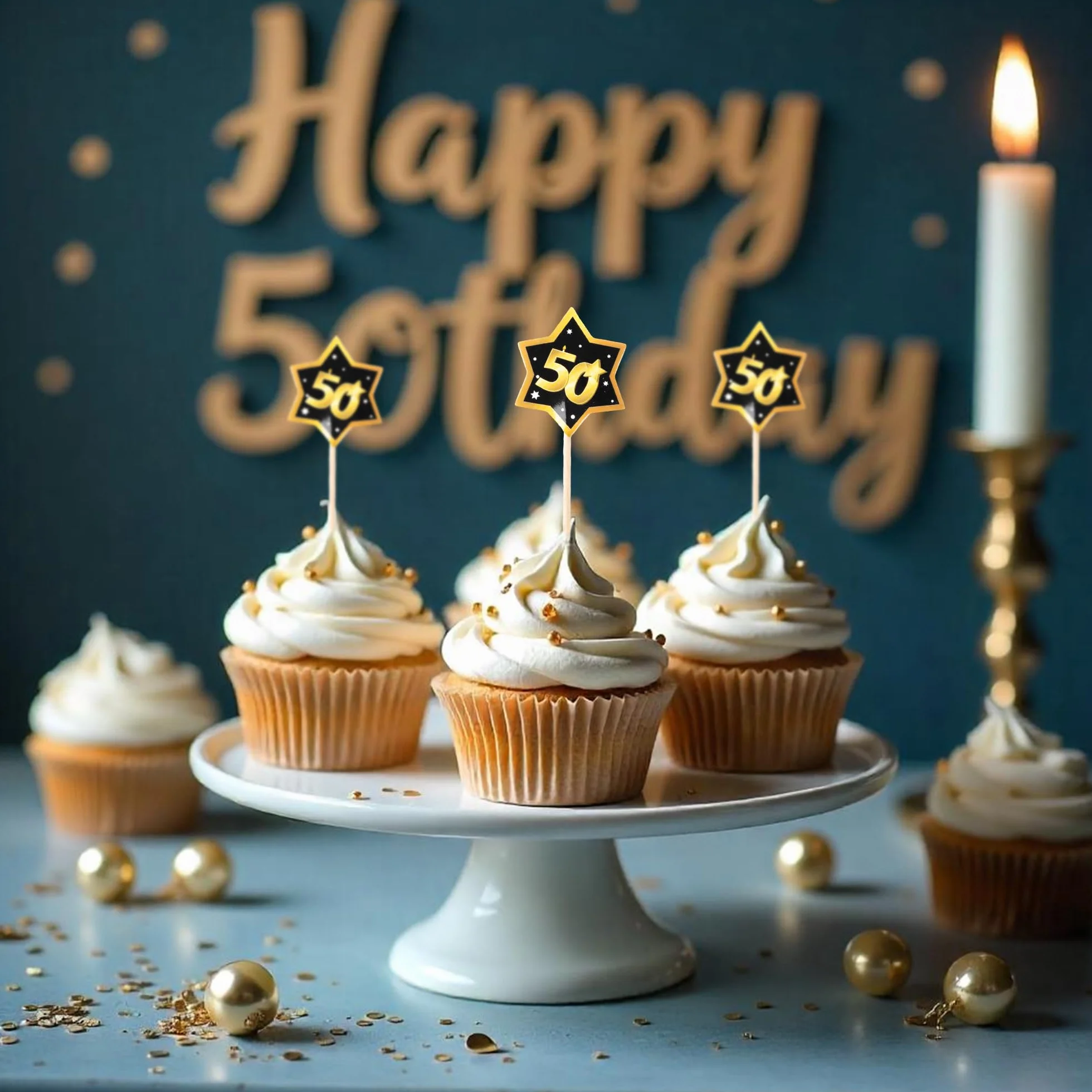 Decorazioni per 50° Compleanno – 12 stuzzicadenti Party Neri e Oro con Numero 50 – Eleganti Addobbi e Idee Regalo