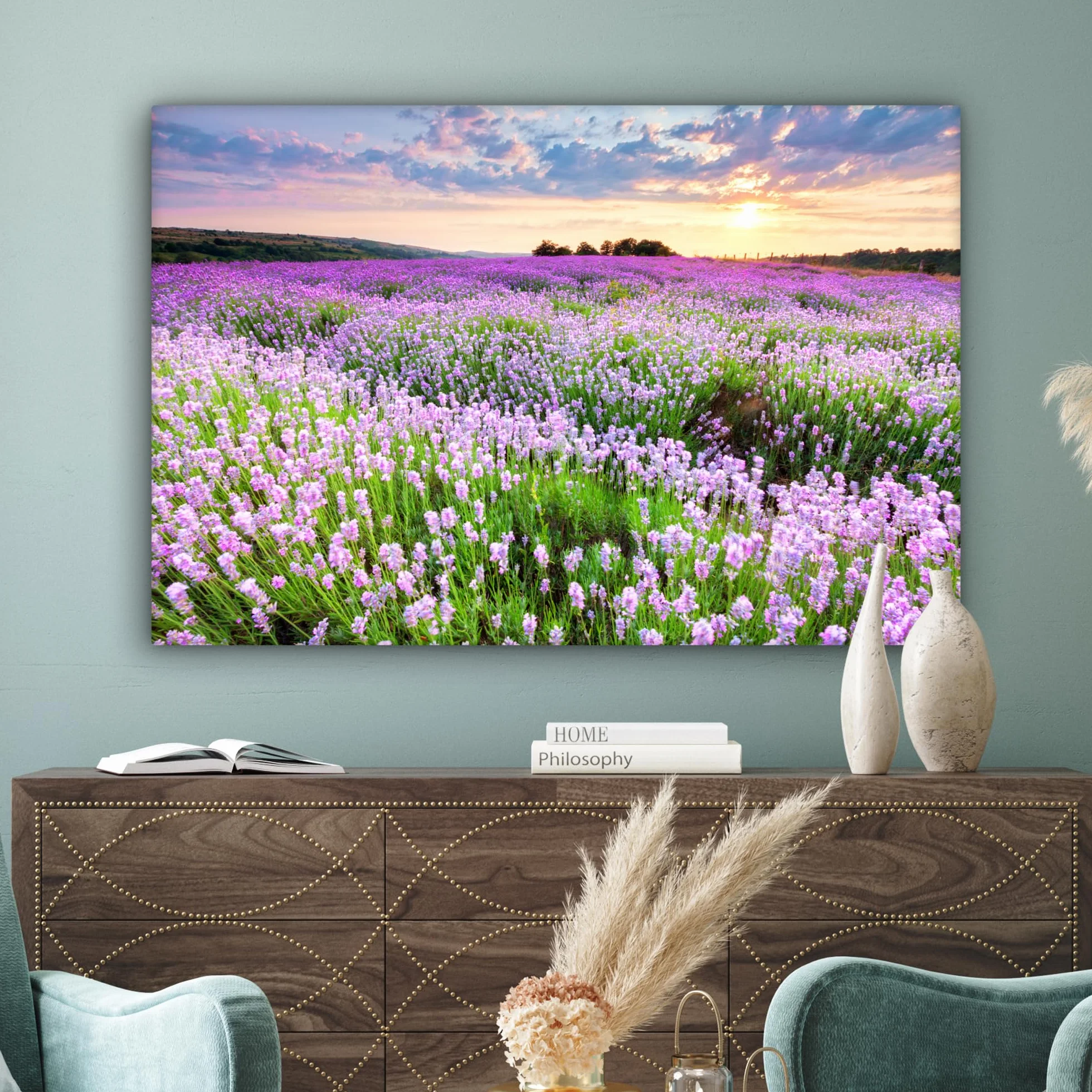 MuchoWow© Quadro su Tela 120x80 cm Stampe da Parete Quadri Cucina Camera da Letto Dipinto Arredamento Casa Fiori - Lavanda - Viola - Cielo - Tramonto - Prato - Natura