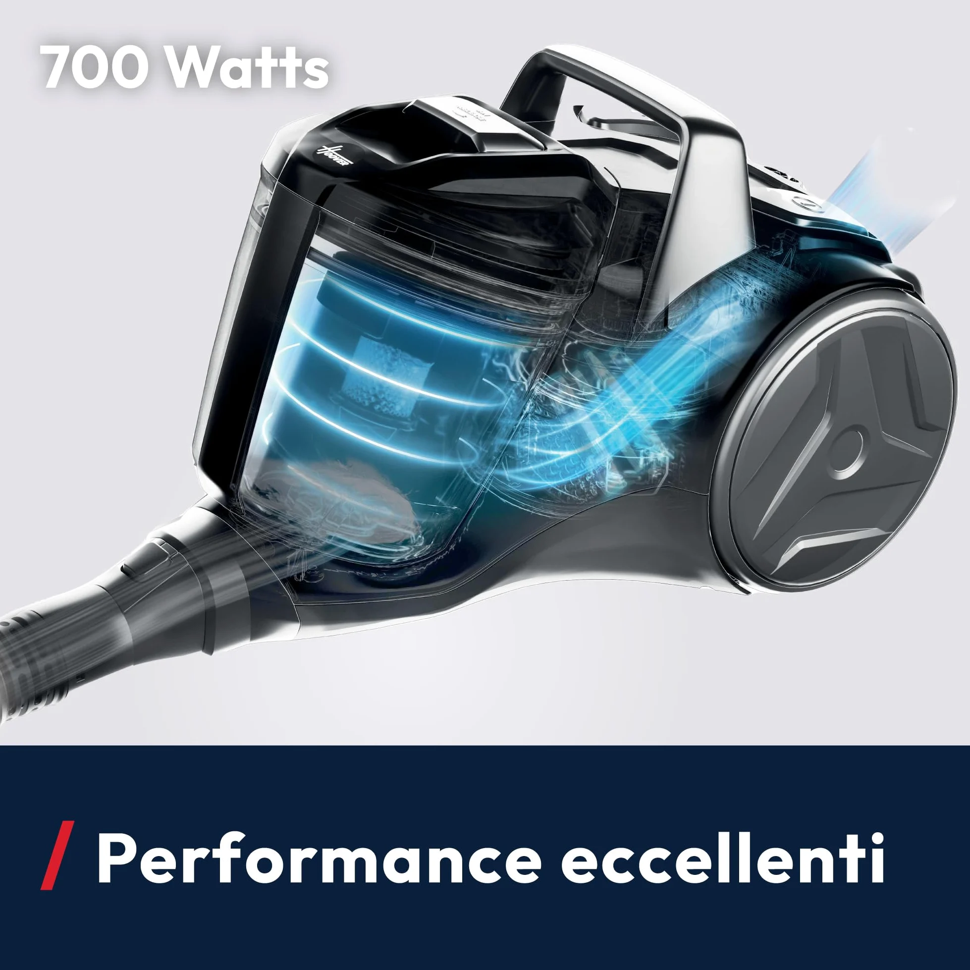 Hoover Aspirapolvere a traino senza sacco potente e compatto HP1 per tappeti, pavimenti duri e delicati, Leggero e con filo, Contenitore 2L, Spazzola Parquet, Raggio d'azione 7,5 m [HPZ107HM]