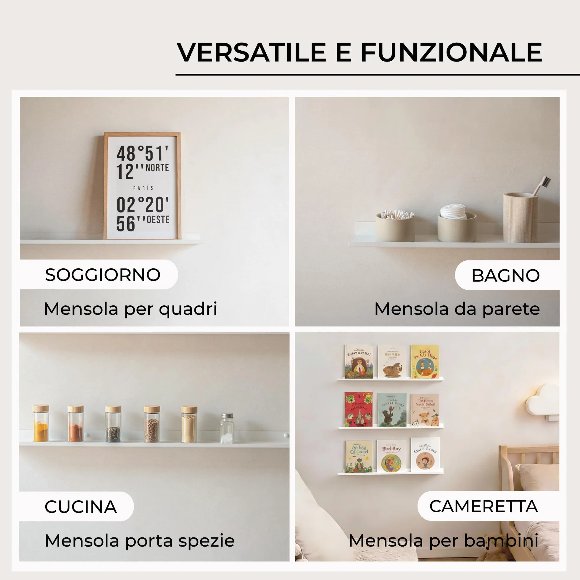 MILUKA Mensola da Muro Sospesa 70x10 cm Bianco Mensola Stretta in Metallo