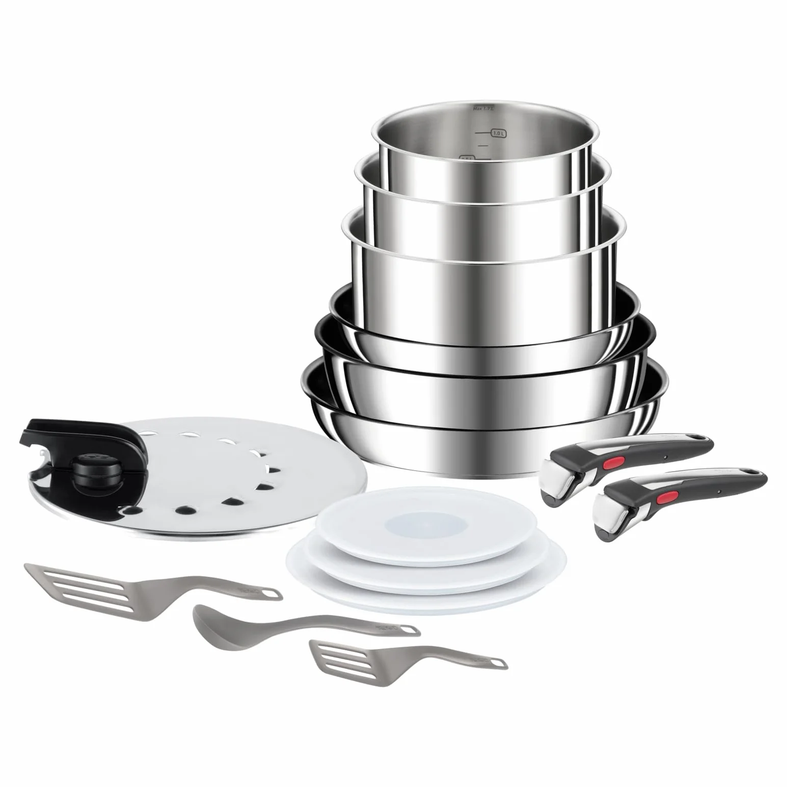 Tefal Ingenio Preference ON L9749532 - Set di pentole e padelle, impilabili, con manico rimovibile, salvaspazio, antiaderenti, a induzione, in acciaio inox, 15 pezzi
