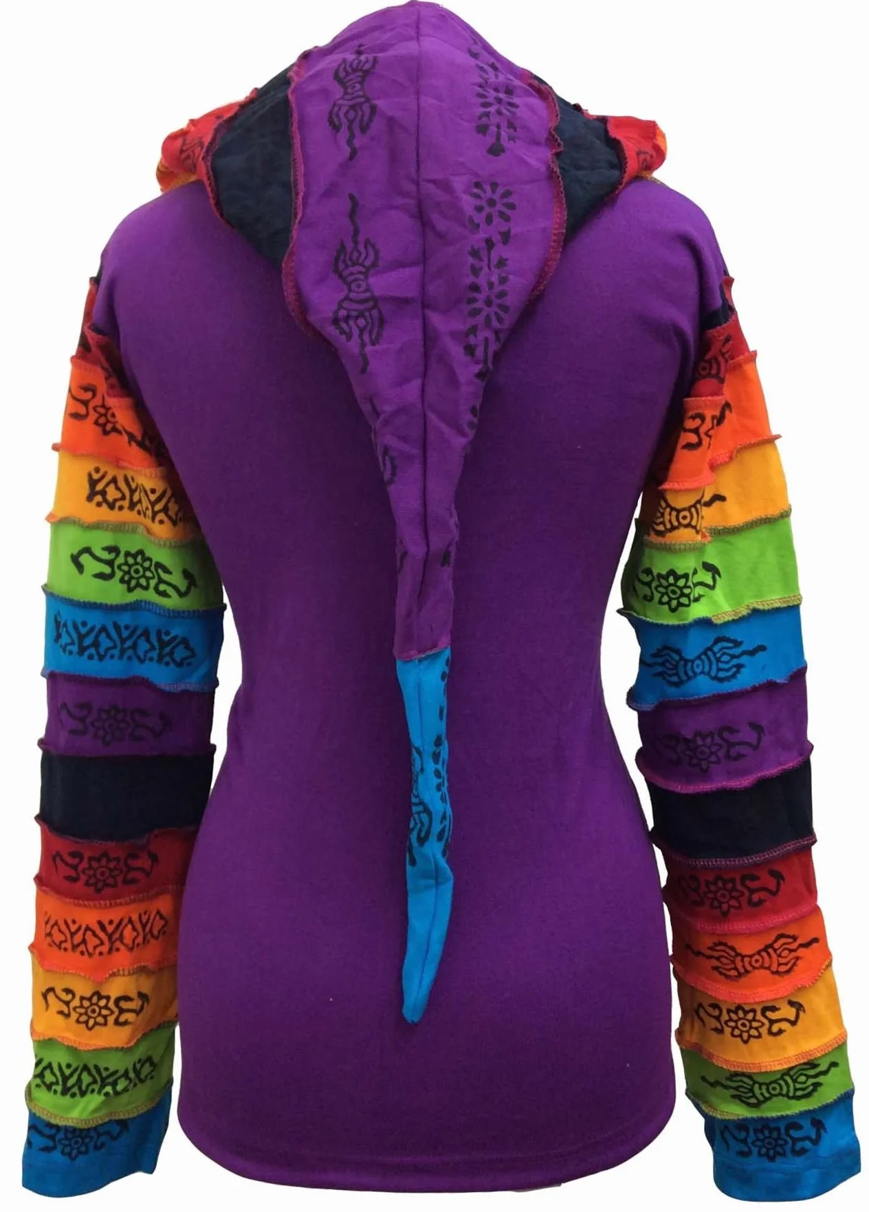 Shopoholic Fashion Giacca da Festival Hippie con Cappuccio e Toppa a Forma di Fiore con Maniche Arcobaleno da Donna