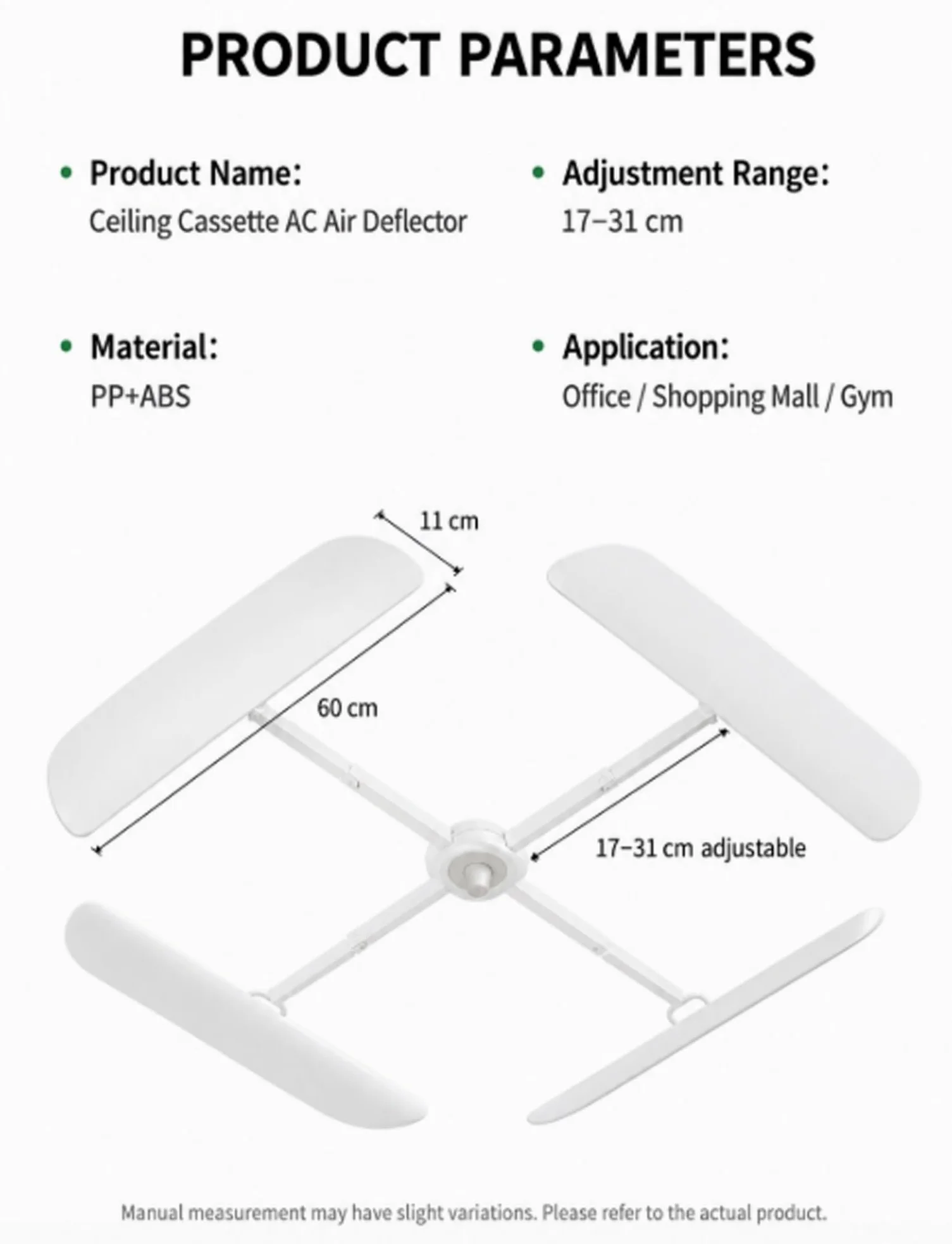 Deflettore del flusso d'aria per climatizzatore, Deflettore regolabile for condizionatore da soffitto a cassetta 11x60 cm 1-4 Pz | One-sided