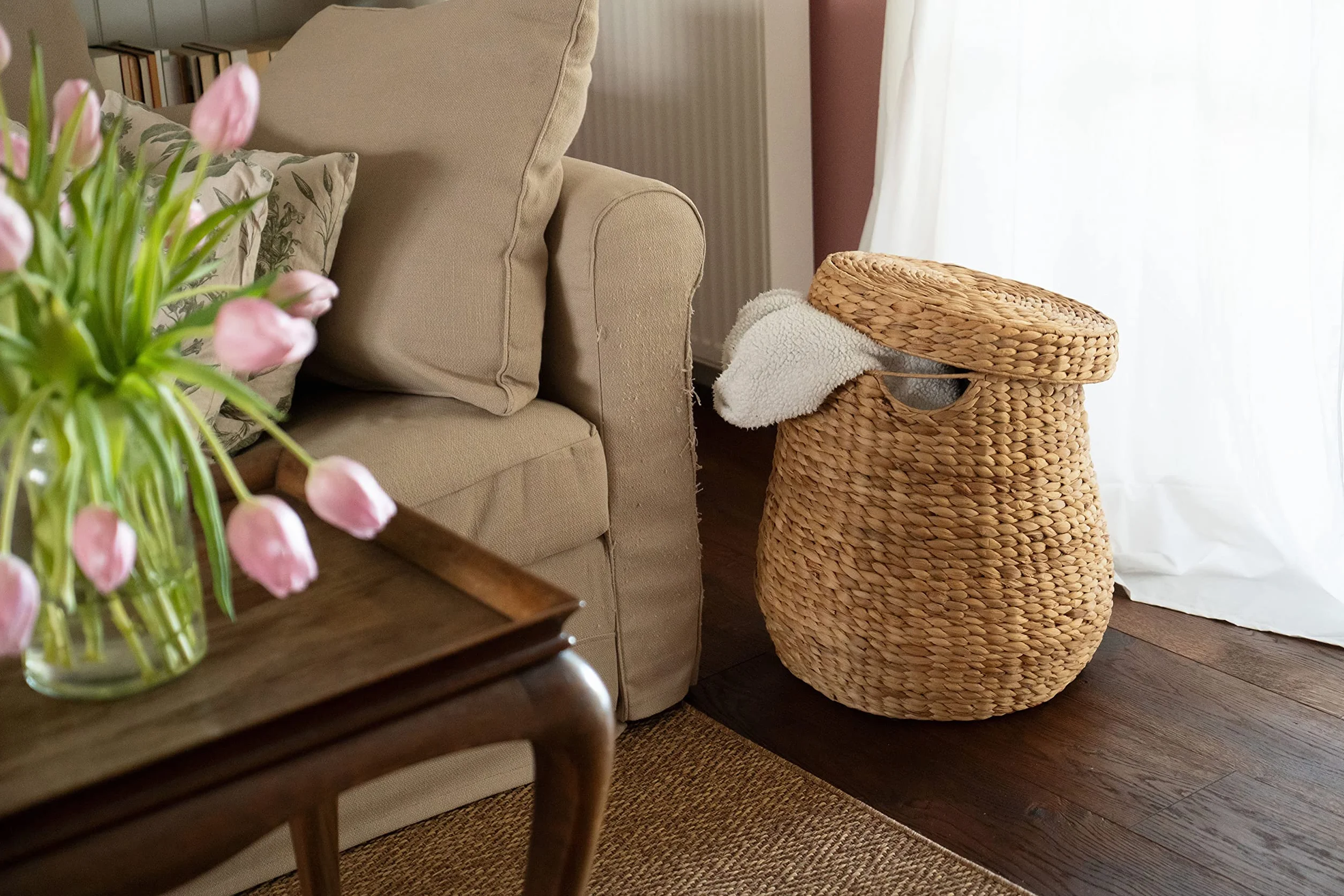Decorasian - Cesto portabiancheria intrecciato con coperchio - Grande e rotondo - Grande cesto in giacinto d'acqua con manico - Cesto portabiancheria in rattan con manico - Contenitore - 46 cm